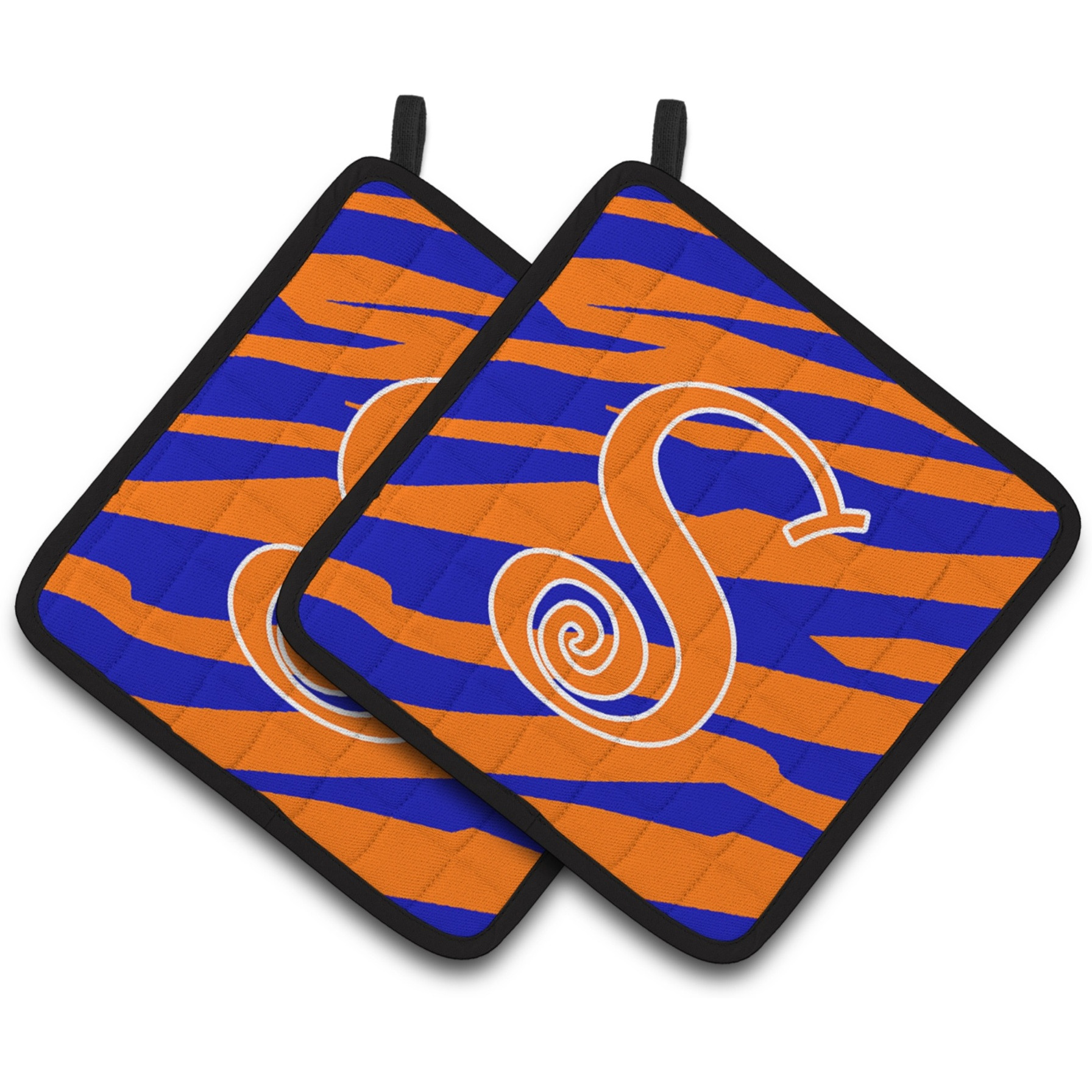 &quotCaroline's Treasures Monogram Initial S Tiger Stripe Blue & Orange Pair of Pot Holders CJ1036-SPTHD, 7.5HX7.5W, Multicolor"