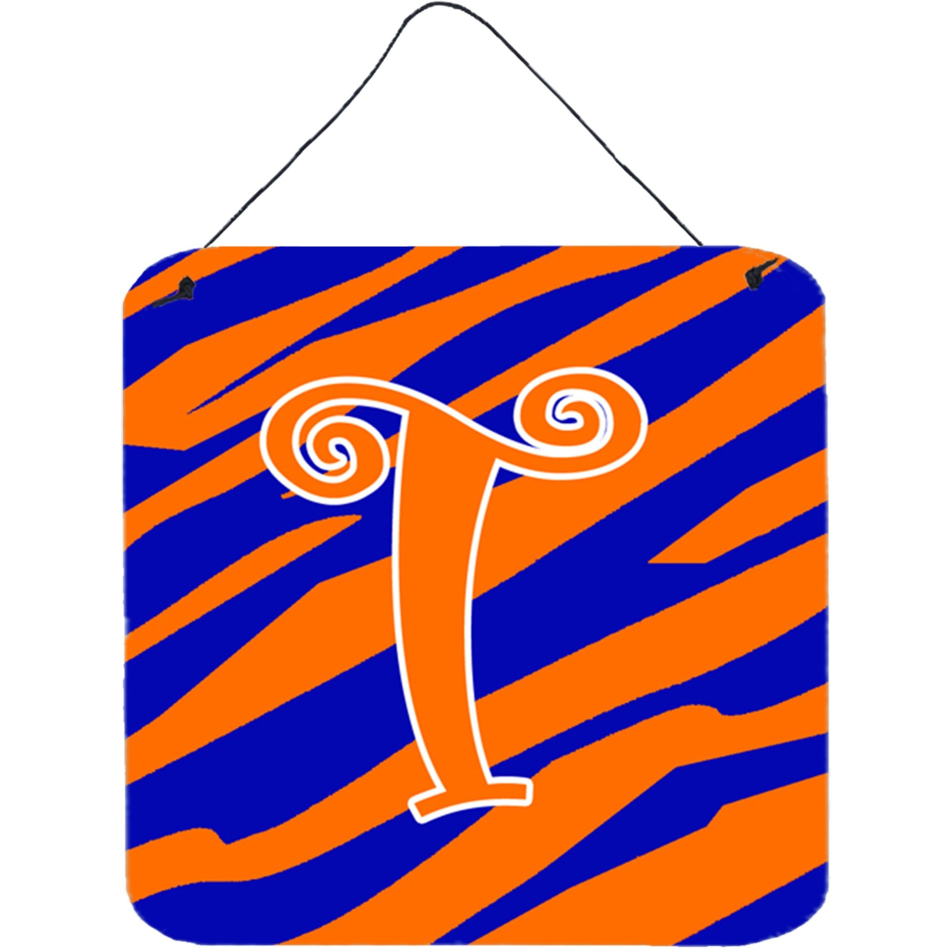 &quotCaroline's Treasures Letter T Initial Tiger Stripe Blue and Orange Wall or Door Hanging Prints, 6 x 6"", Multicolor"