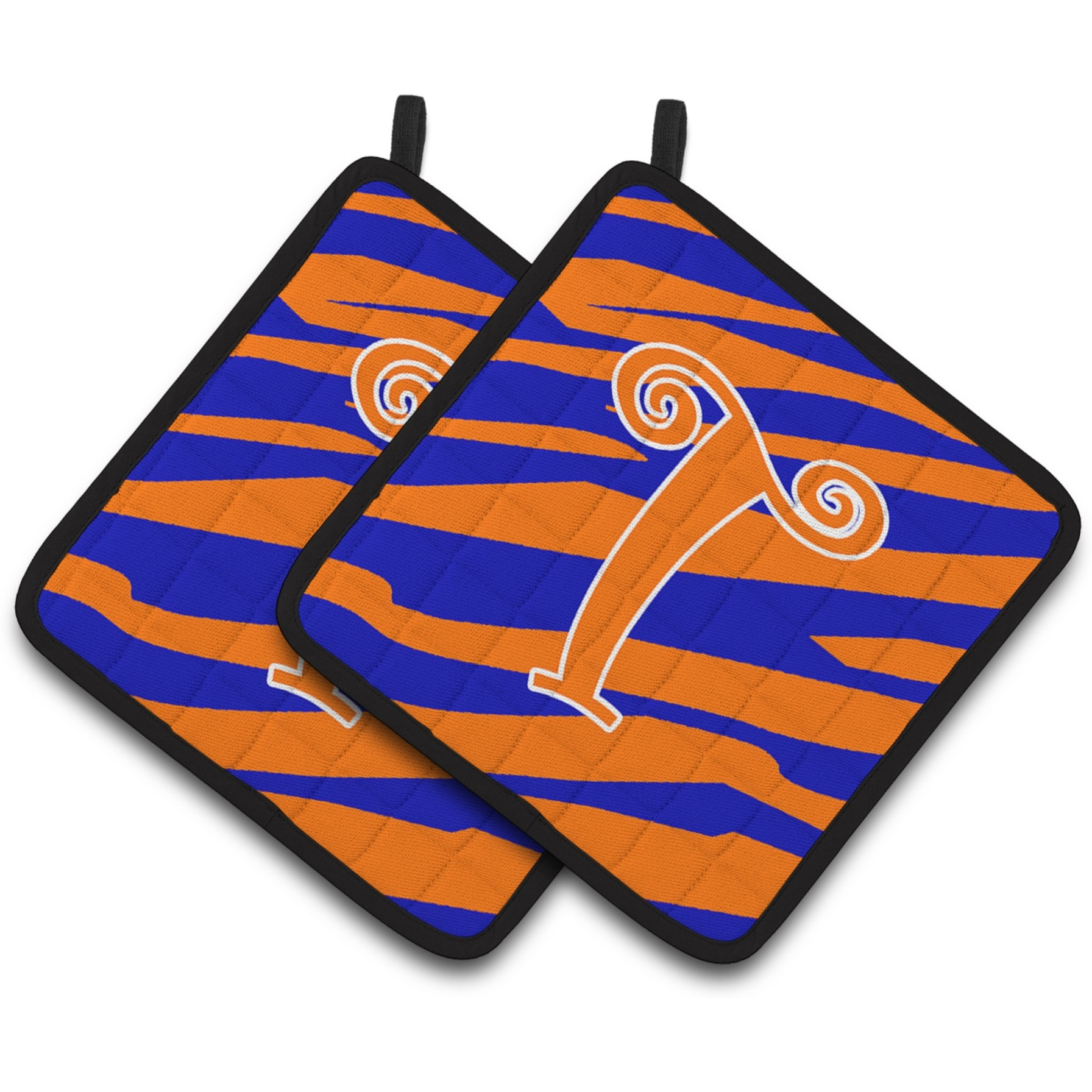 &quotCaroline's Treasures Monogram Initial T Tiger Stripe Blue & Orange Pair of Pot Holders CJ1036-TPTHD, 7.5HX7.5W, Multicolor"