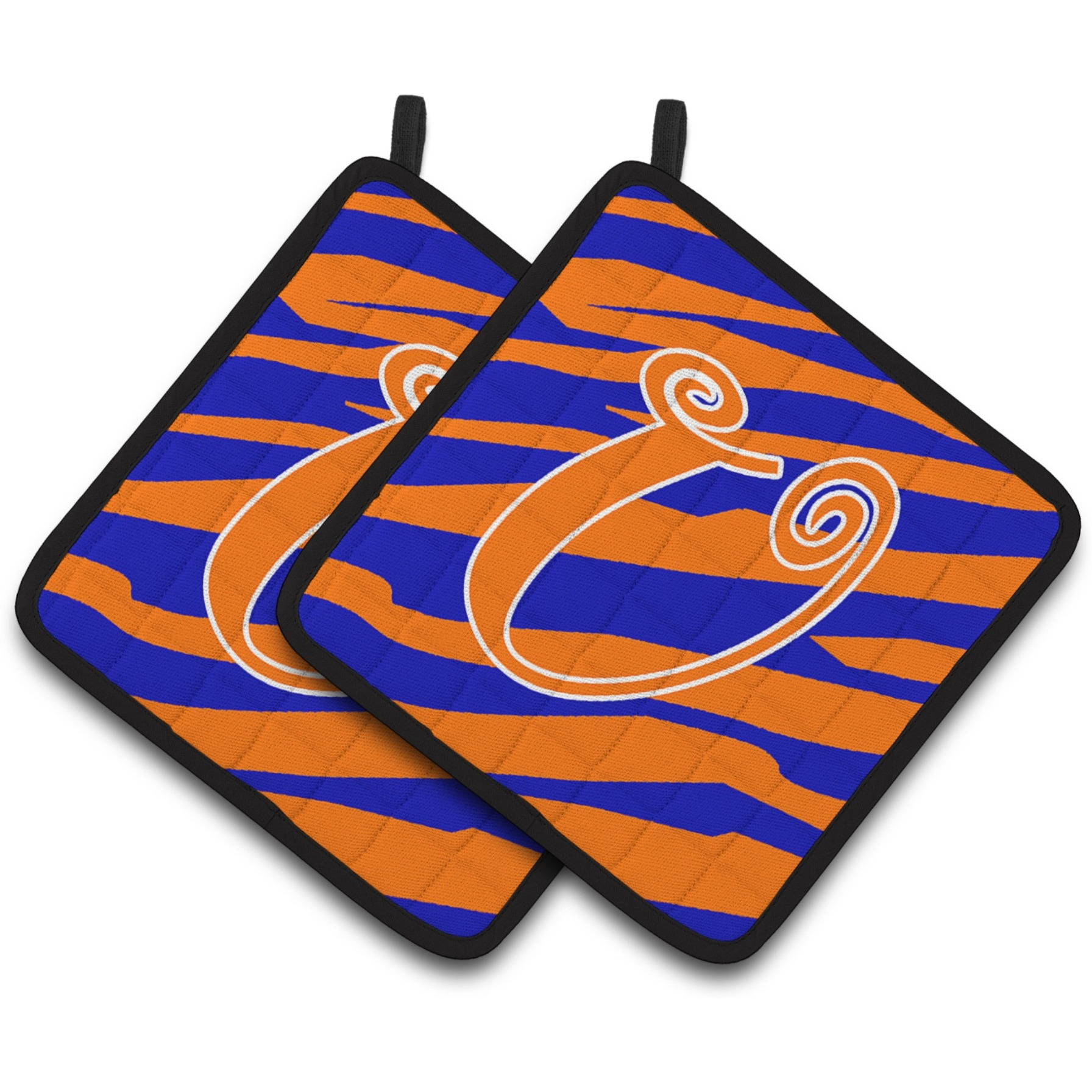 &quotCaroline's Treasures Monogram Initial U Tiger Stripe Blue & Orange Pair of Pot Holders CJ1036-UPTHD, 7.5HX7.5W, Multicolor"