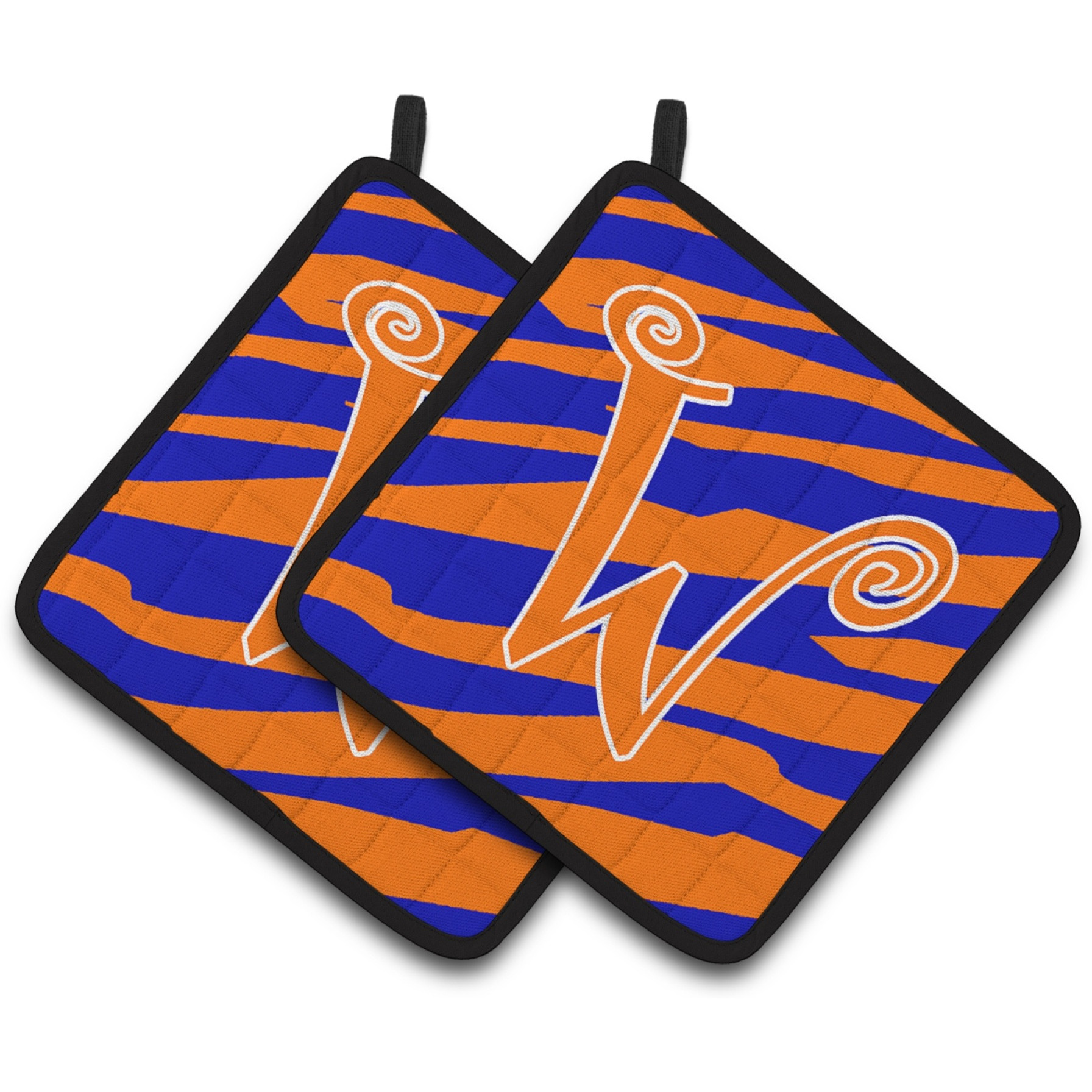 &quotCaroline's Treasures Monogram Initial W Tiger Stripe Blue & Orange Pair of Pot Holders CJ1036-WPTHD, 7.5HX7.5W, Multicolor"