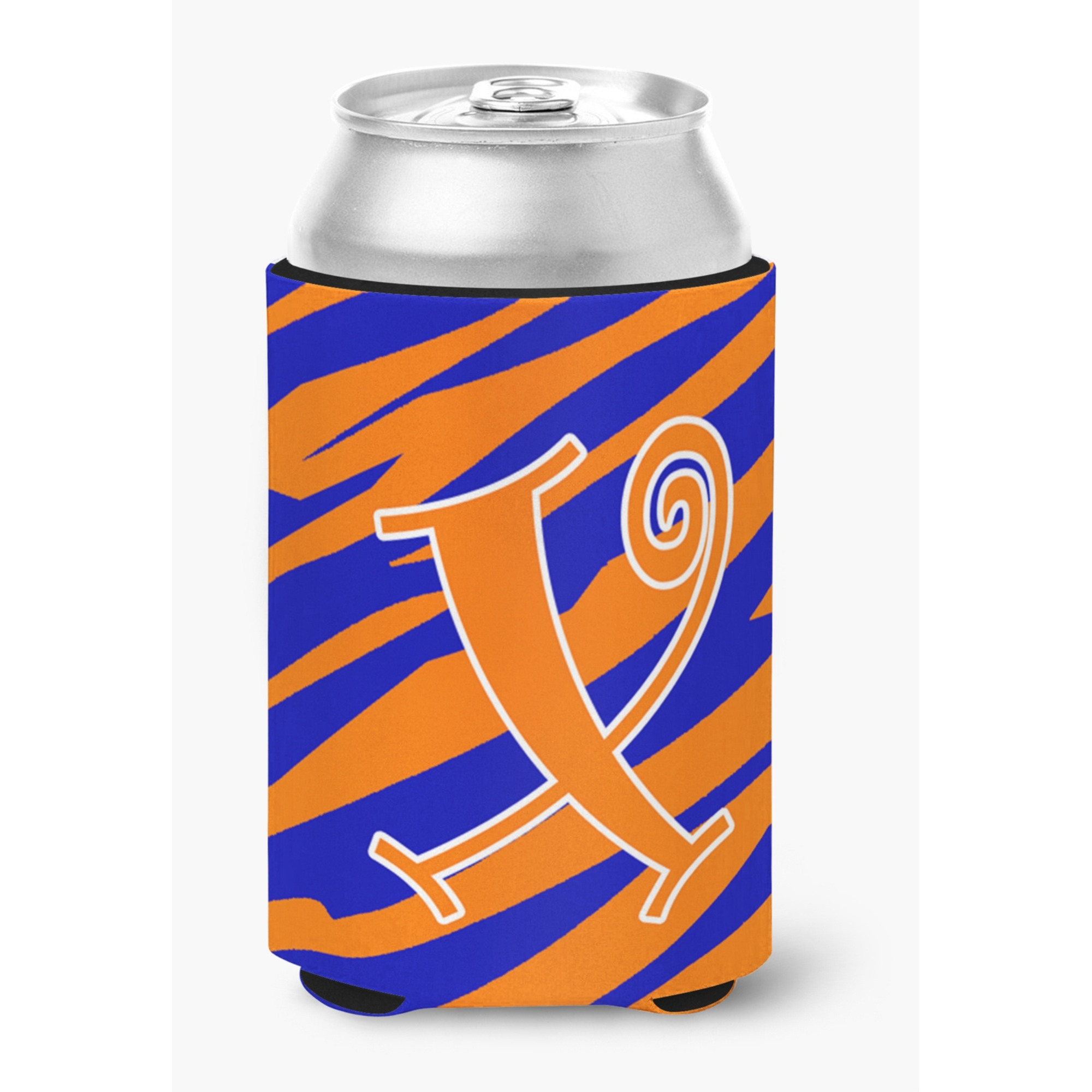 Letter X Initial Monogram - Tiger Stripe Blue and Orange Can Beverage Insulator Hugger