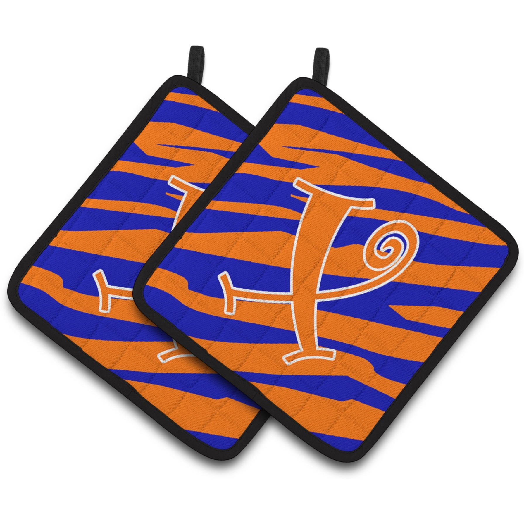 &quotCaroline's Treasures Monogram Initial x Tiger Stripe Blue & Orange Pair of Pot Holders CJ1036-XPTHD, 7.5HX7.5W, Multicolor"