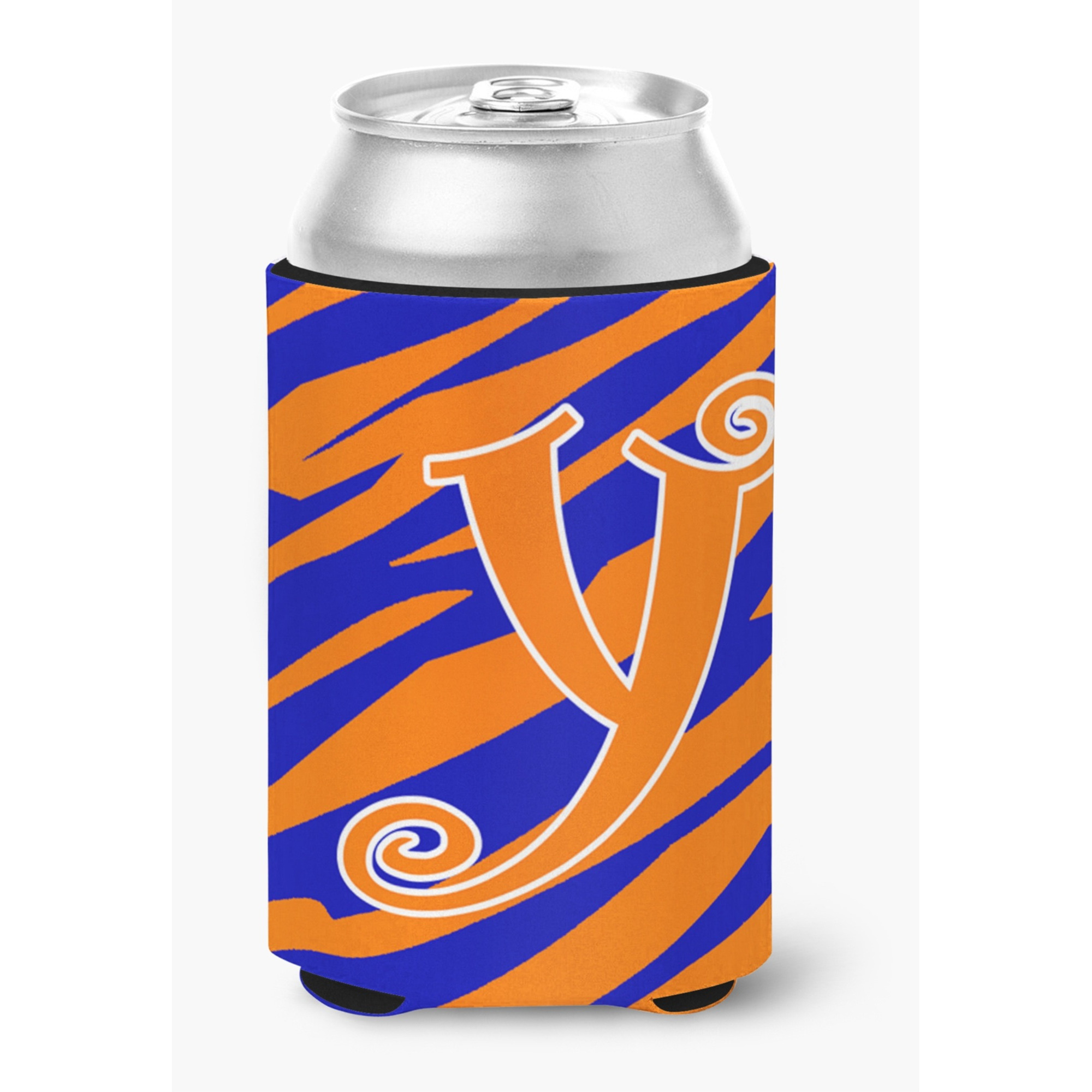 Letter Y Initial Monogram - Tiger Stripe Blue and Orange Can Beverage Insulator Hugger