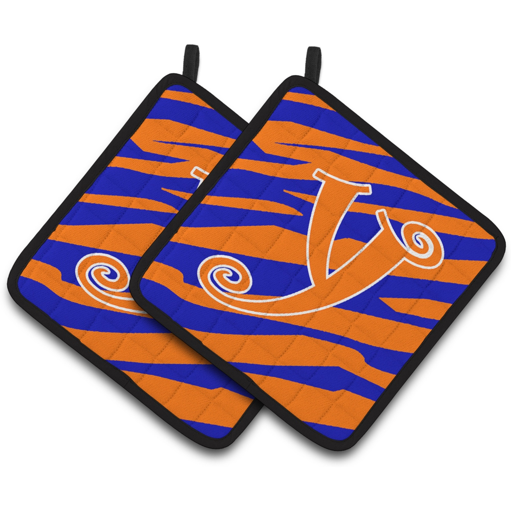 &quotCaroline's Treasures Monogram Initial Y Tiger Stripe Blue & Orange Pair of Pot Holders CJ1036-YPTHD, 7.5HX7.5W, Multicolor"