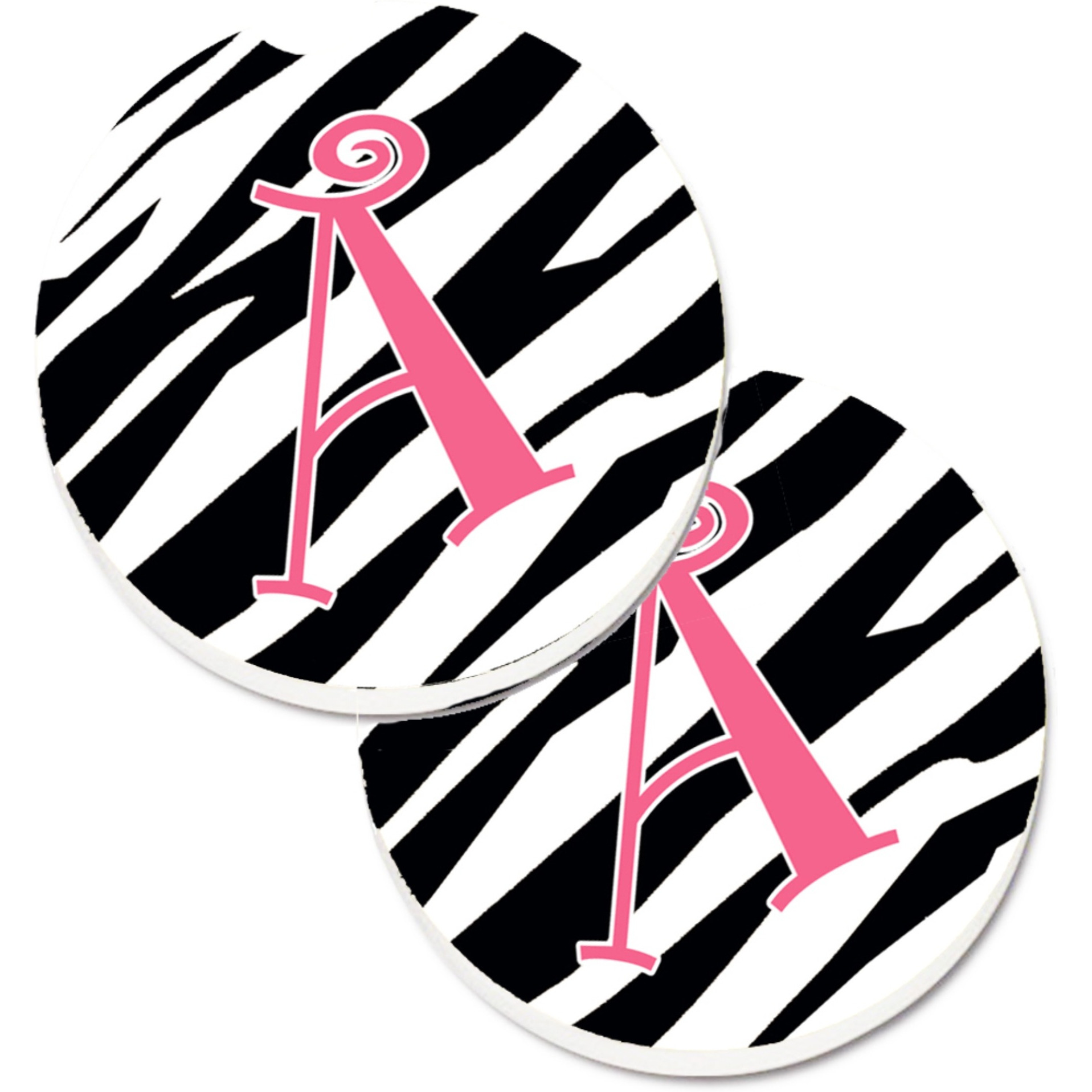 &quotCaroline's Treasures Letter A Monogram - Zebra Stripe & Pink Set of 2 Cup Holder Car Coasters CJ1037-ACARC, 2.56, Multicolor"