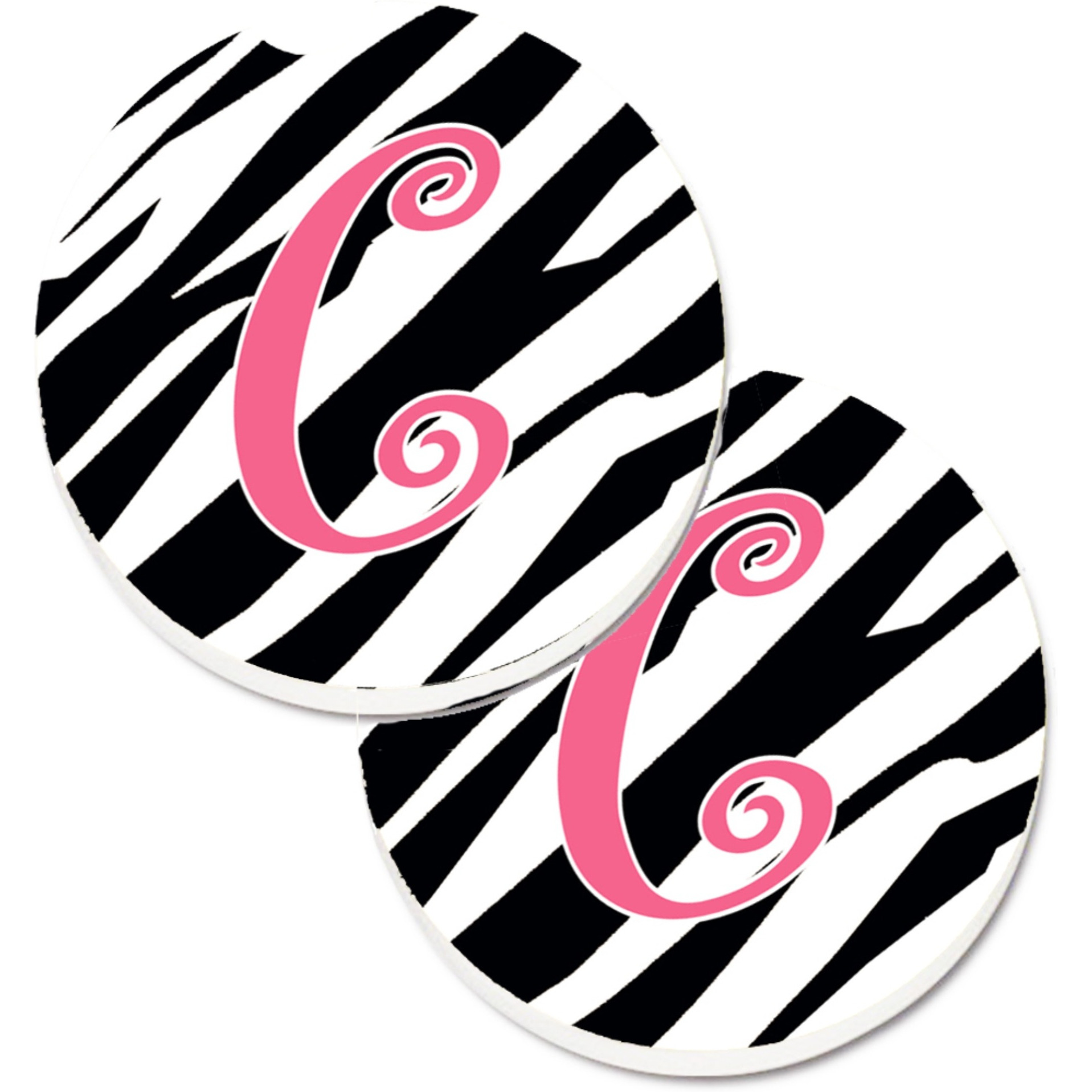 &quotCaroline's Treasures Monogram Initial C Zebra Stripe & Pink Set of 2 Cup Holder Car Coasters CJ1037-CCARC, 2.56, Multicolor"