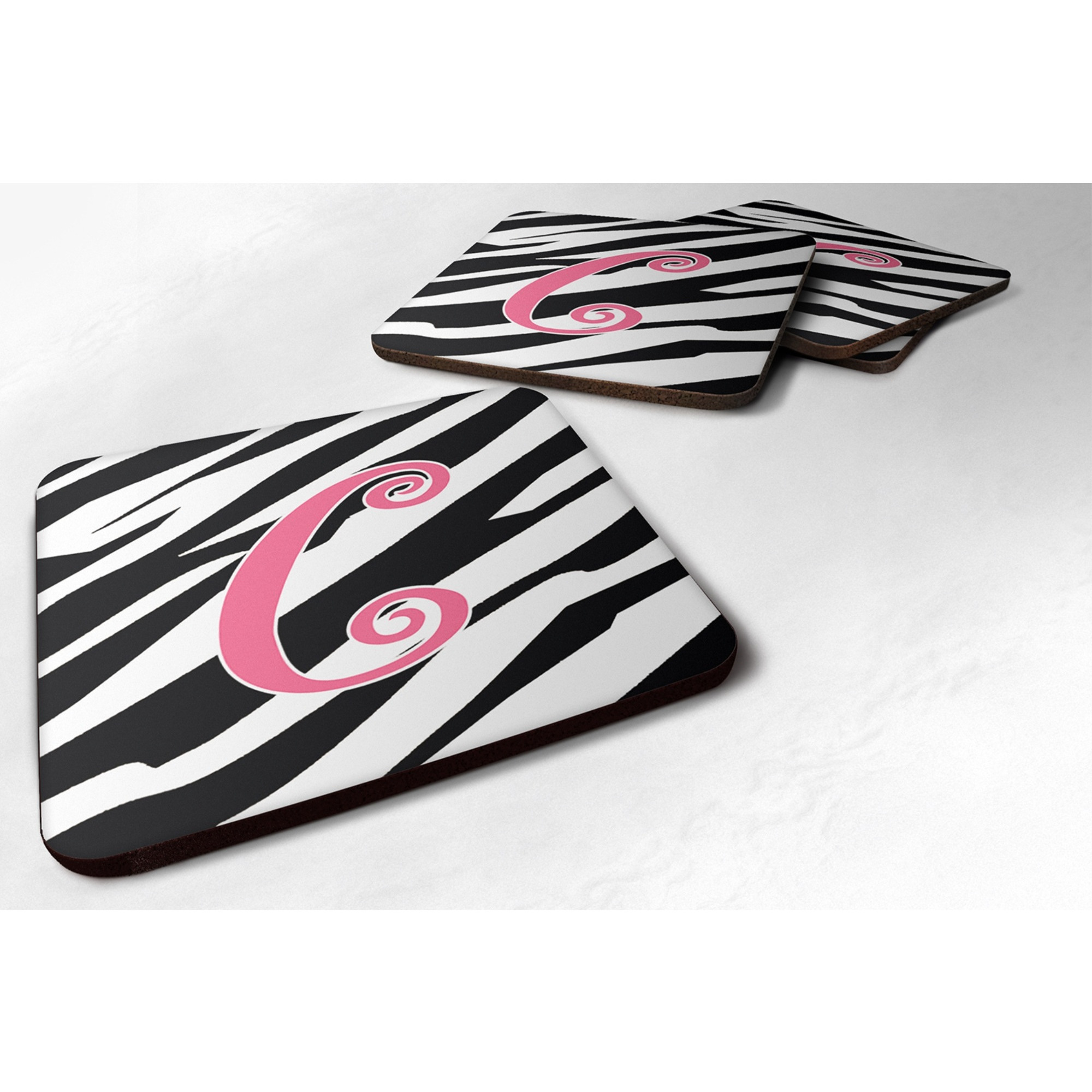 &quotCaroline's Treasures CJ1037-CFC Monogram-Zebra Stripe and Pink Foam Coasters (Set of 4), Initial Letter C, 3.5"" H x 3.5"" W, Multicolor"