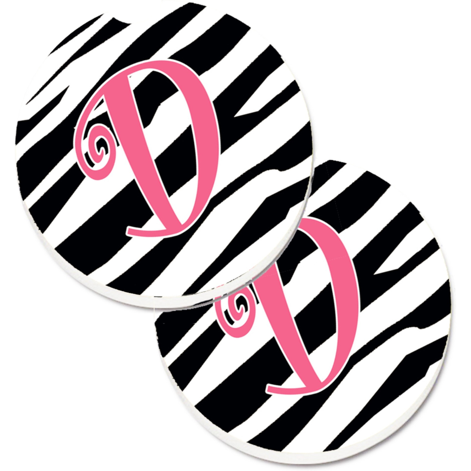 &quotCaroline's Treasures Monogram Initial D Zebra Stripe & Pink Set of 2 Cup Holder Car Coasters CJ1037-DCARC, 2.56, Multicolor"
