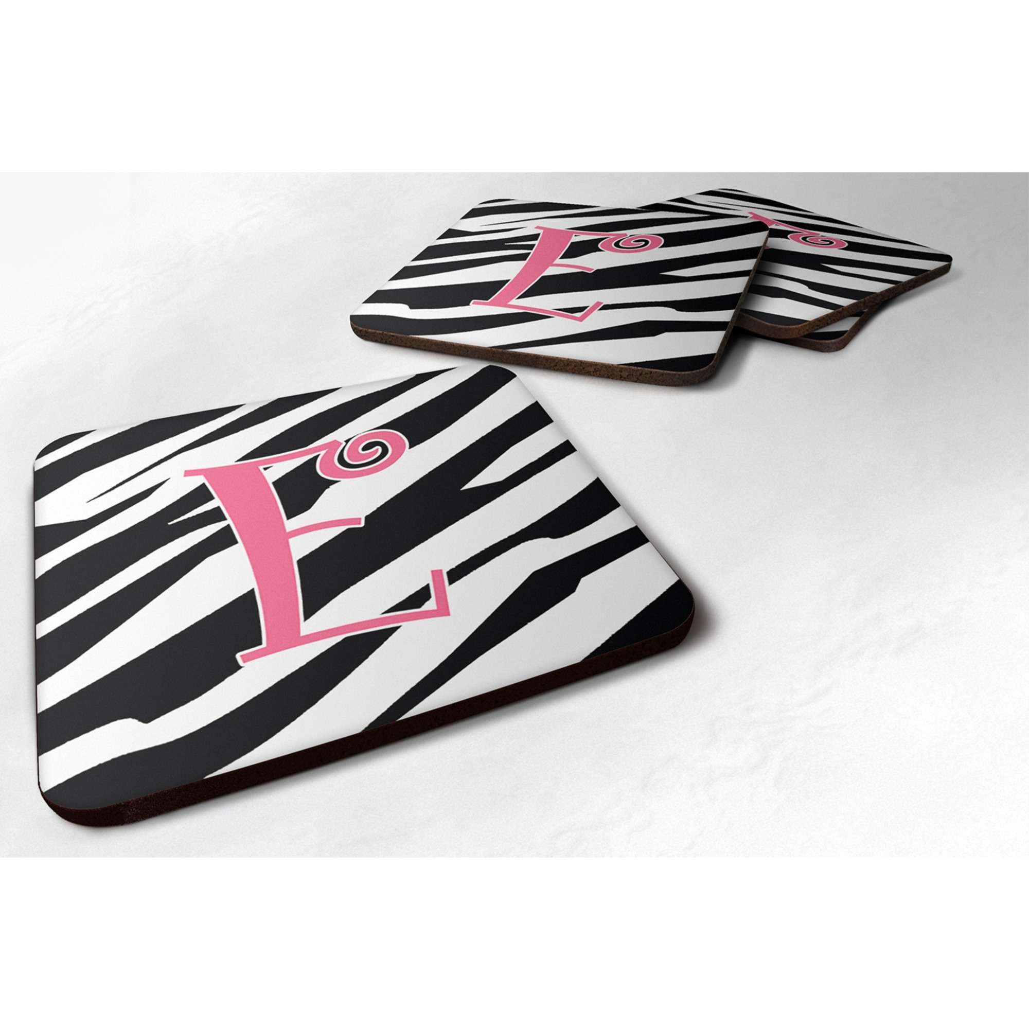 &quotCaroline's Treasures CJ1037-EFC Monogram-Zebra Stripe and Pink Foam Coasters (Set of 4), Initial Letter E, 3.5"" H x 3.5"" W, Multicolor"