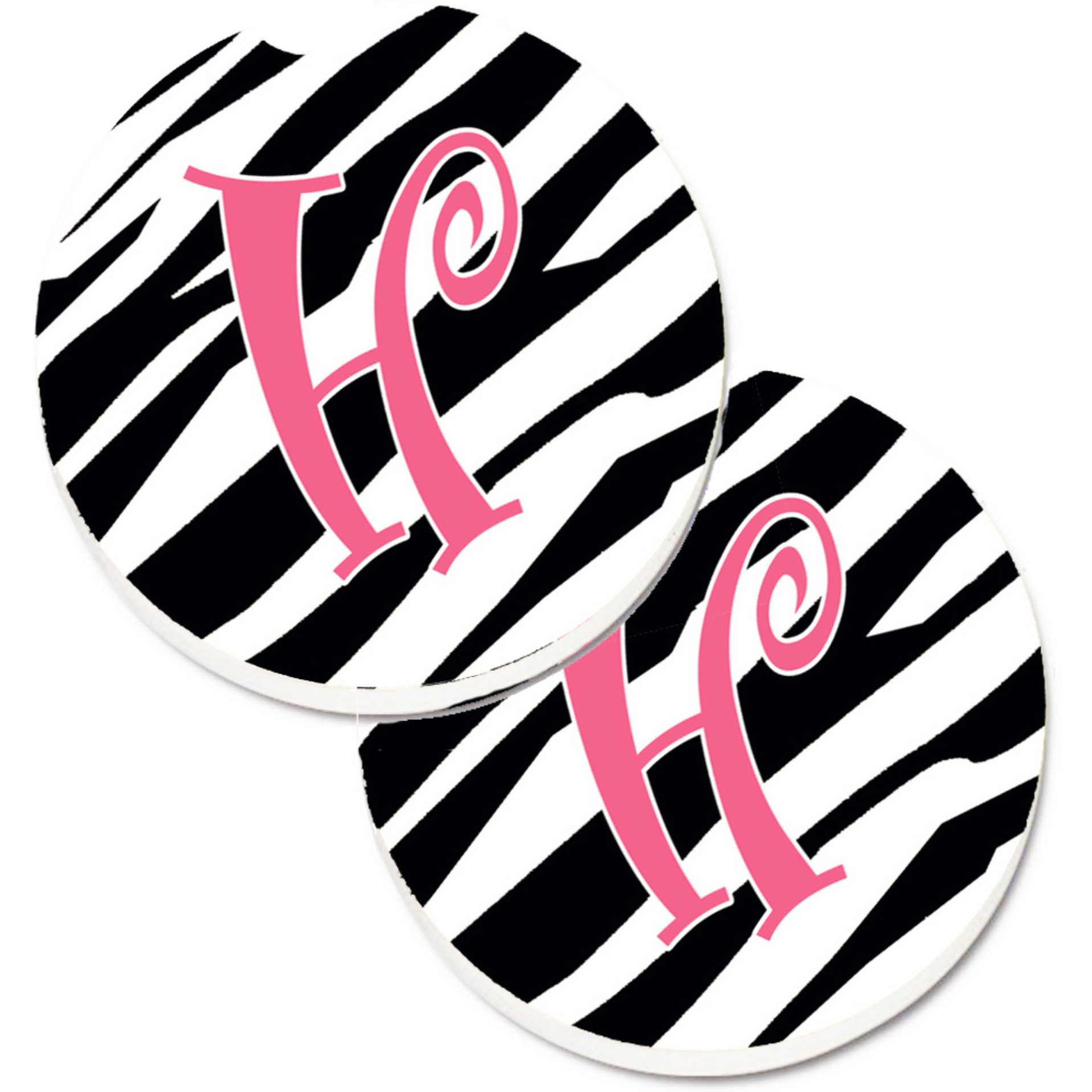 &quotCaroline's Treasures Monogram Initial H Zebra Stripe & Pink Set of 2 Cup Holder Car Coasters CJ1037-HCARC, 2.56, Multicolor"