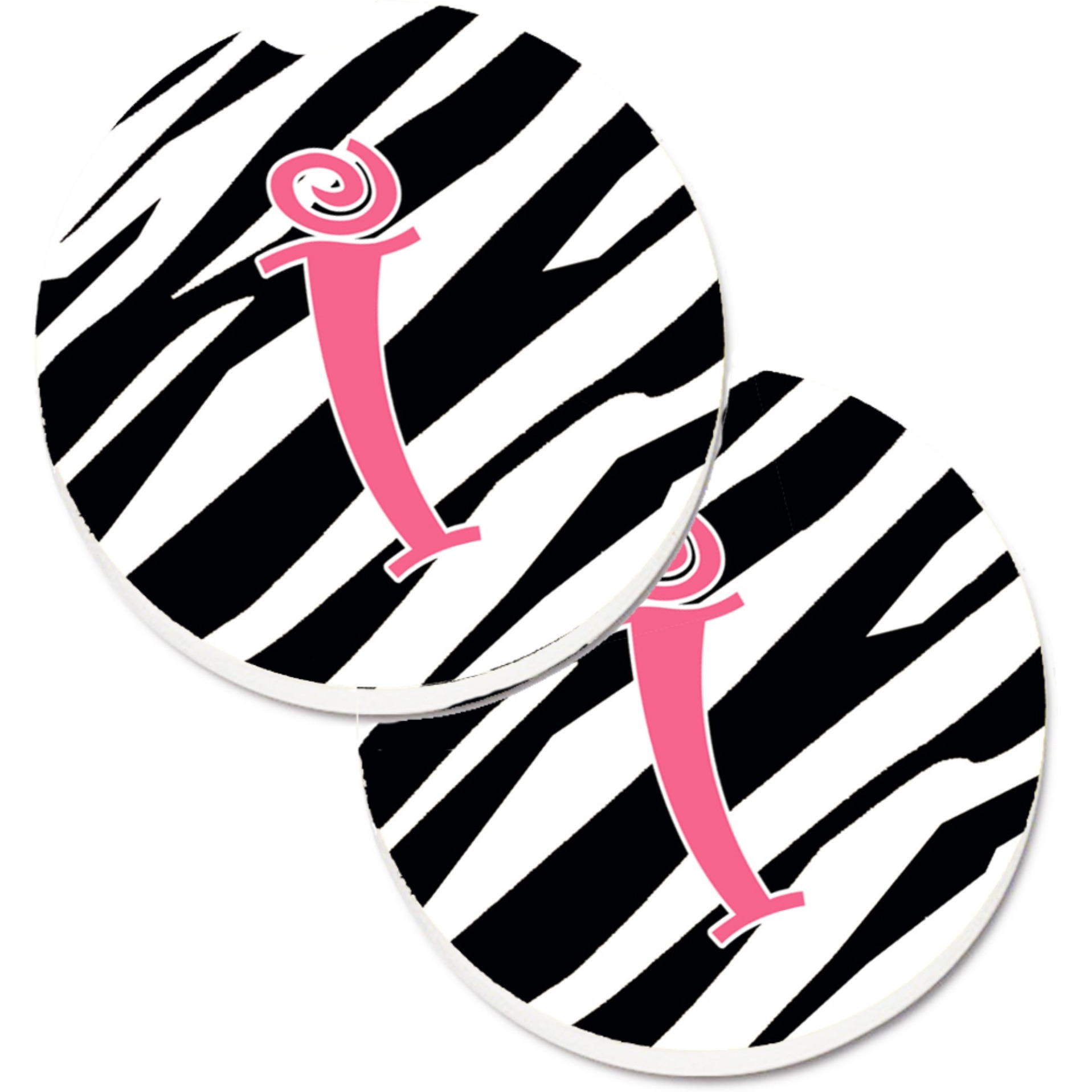 &quotCaroline's Treasures Monogram Initial I Zebra Stripe & Pink Set of 2 Cup Holder Car Coasters CJ1037-ICARC, 2.56, Multicolor"