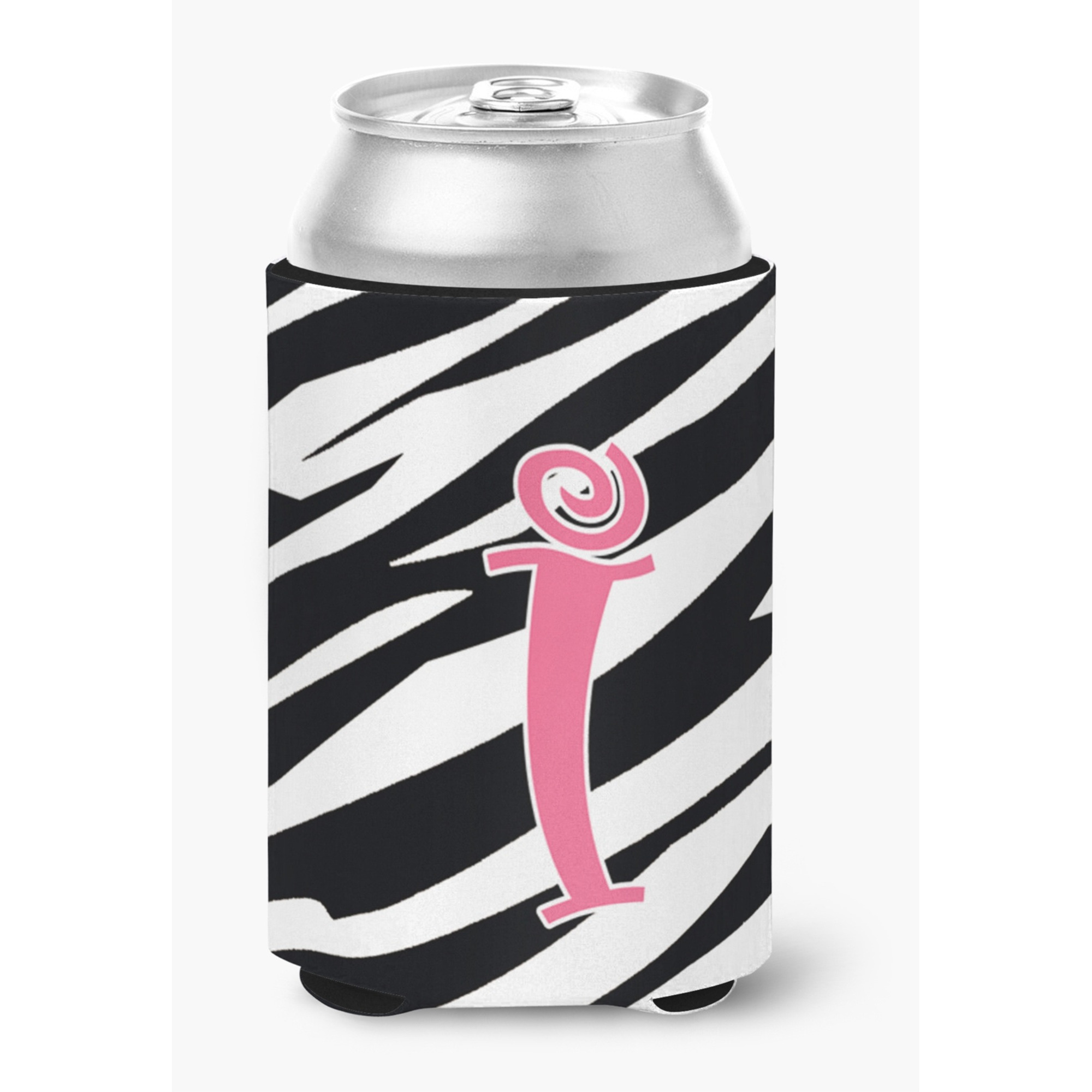Letter I Initial Monogram - Zebra Stripe and Pink Can or Bottle Beverage Insulator Hugger