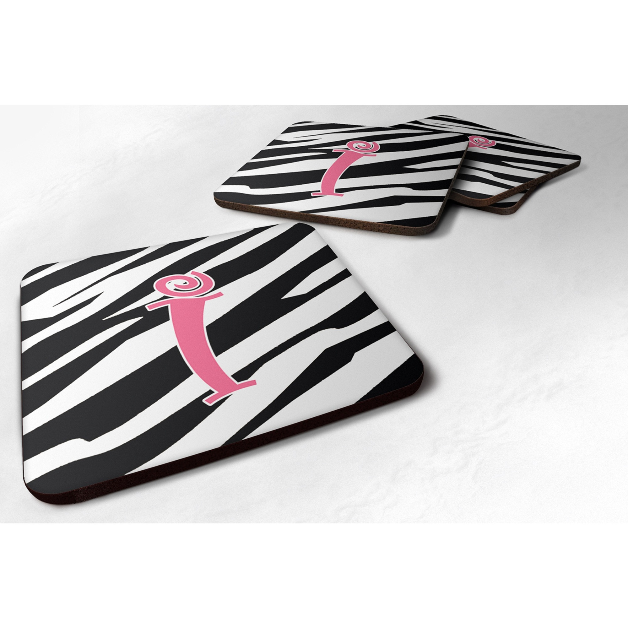 &quotCaroline's Treasures CJ1037-IFC Monogram-Zebra Stripe and Pink Foam Coasters (Set of 4), Initial Letter I, 3.5"" H x 3.5"" W, Multicolor"