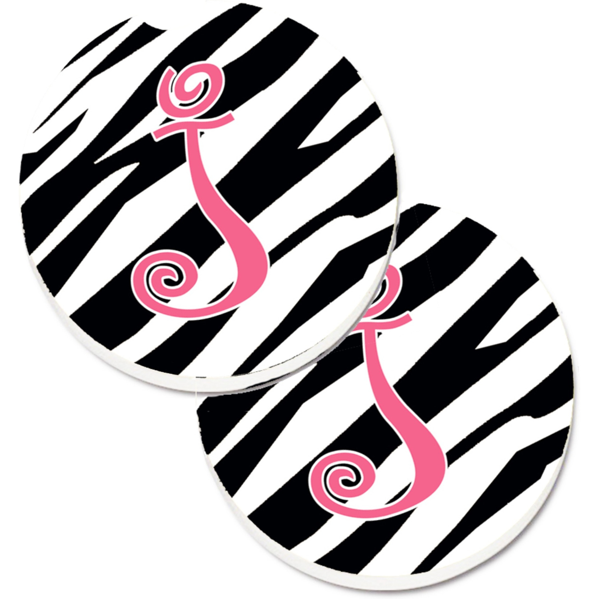 &quotCaroline's Treasures Monogram Initial J Zebra Stripe & Pink Set of 2 Cup Holder Car Coasters CJ1037-JCARC, 2.56, Multicolor"