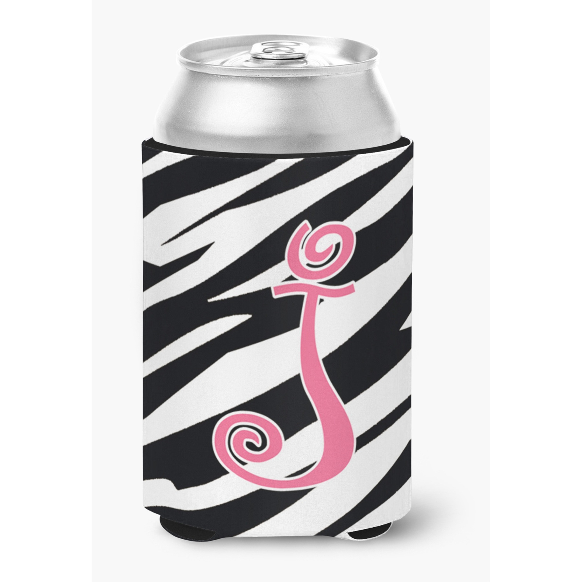 Letter J Initial Monogram - Zebra Stripe and Pink Can or Bottle Beverage Insulator Hugger