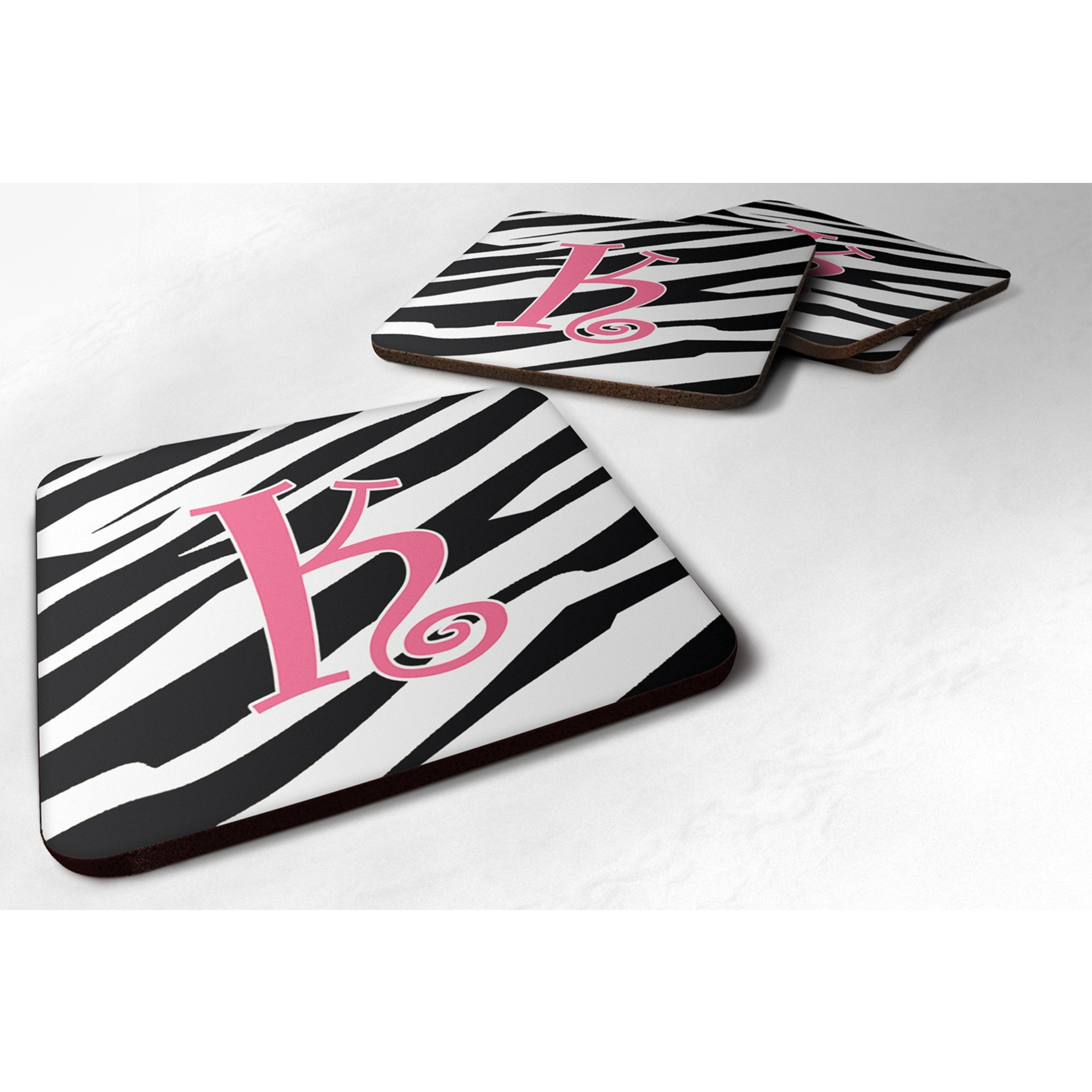 &quotCaroline's Treasures CJ1037-KFC Monogram-Zebra Stripe and Pink Foam Coasters (Set of 4), Initial Letter K, 3.5"" H x 3.5"" W, Multicolor"