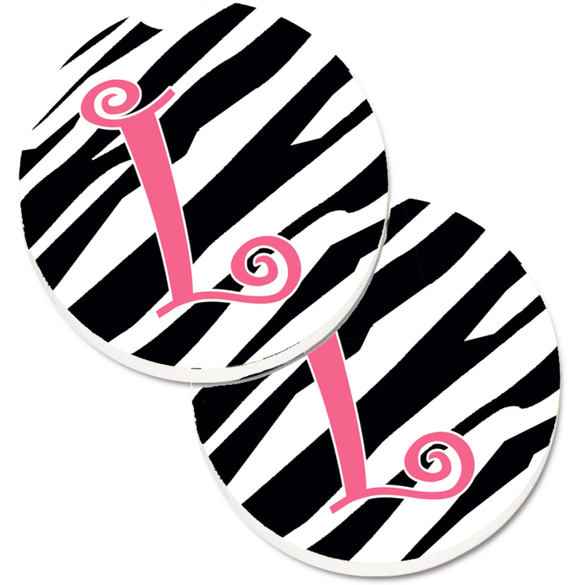 &quotCaroline's Treasures Monogram Initial L Zebra Stripe & Pink Set of 2 Cup Holder Car Coasters CJ1037-LCARC, 2.56, Multicolor"