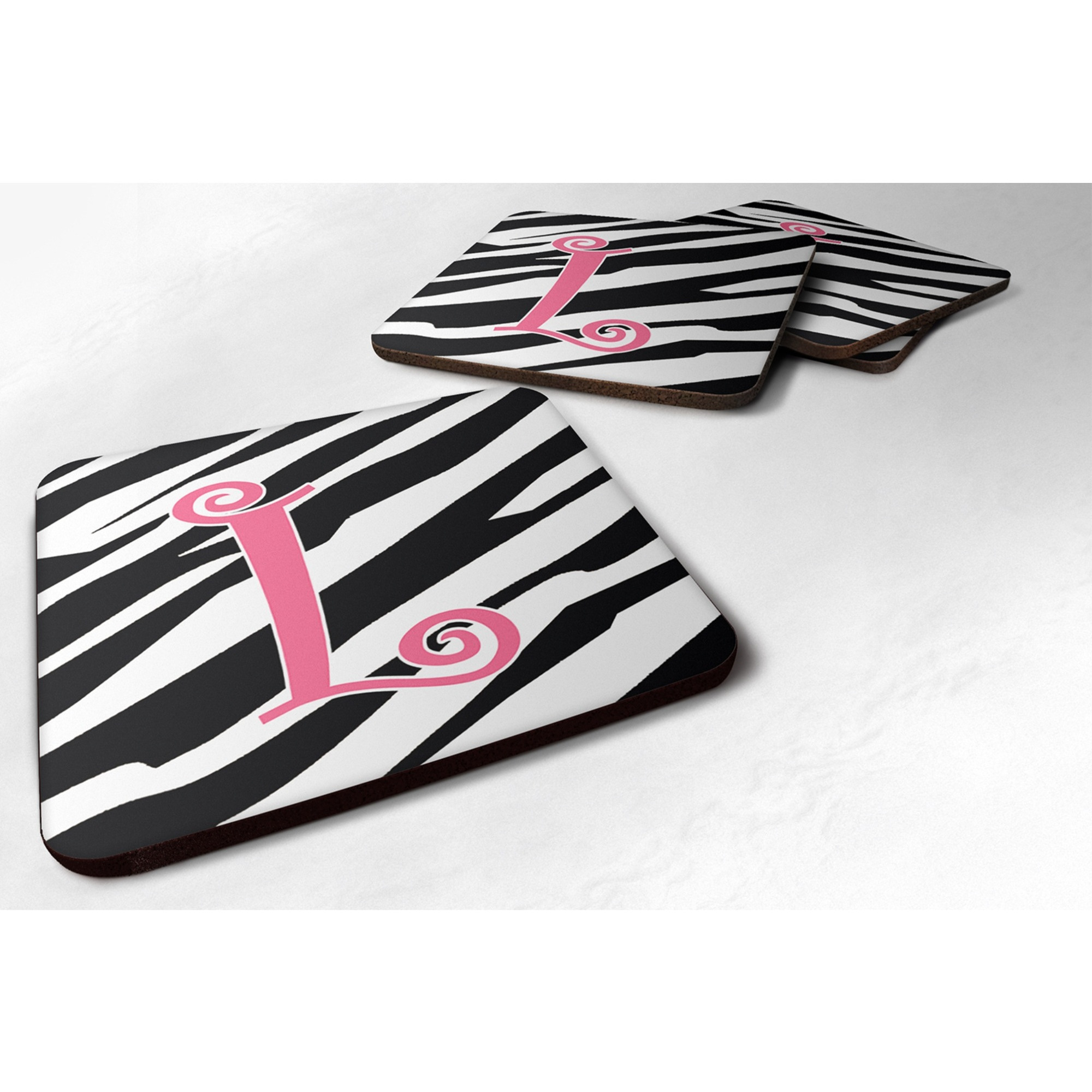 &quotCaroline's Treasures CJ1037-LFC Monogram-Zebra Stripe and Pink Foam Coasters (Set of 4), Initial Letter L, 3.5"" H x 3.5"" W, Multicolor"