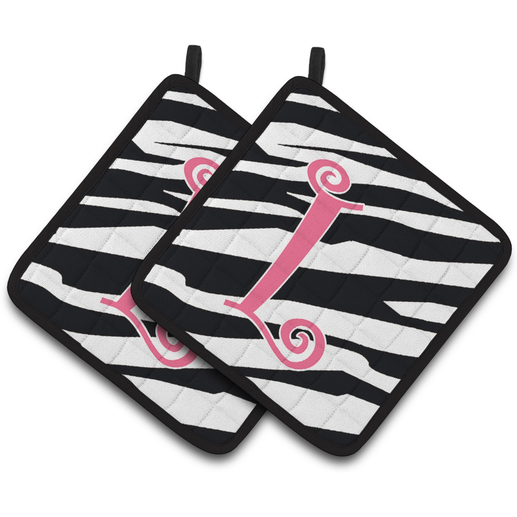 &quotCaroline's Treasures Monogram Initial L Zebra Stripe & Pink Pair of Pot Holders CJ1037-LPTHD, 7.5HX7.5W, Multicolor"
