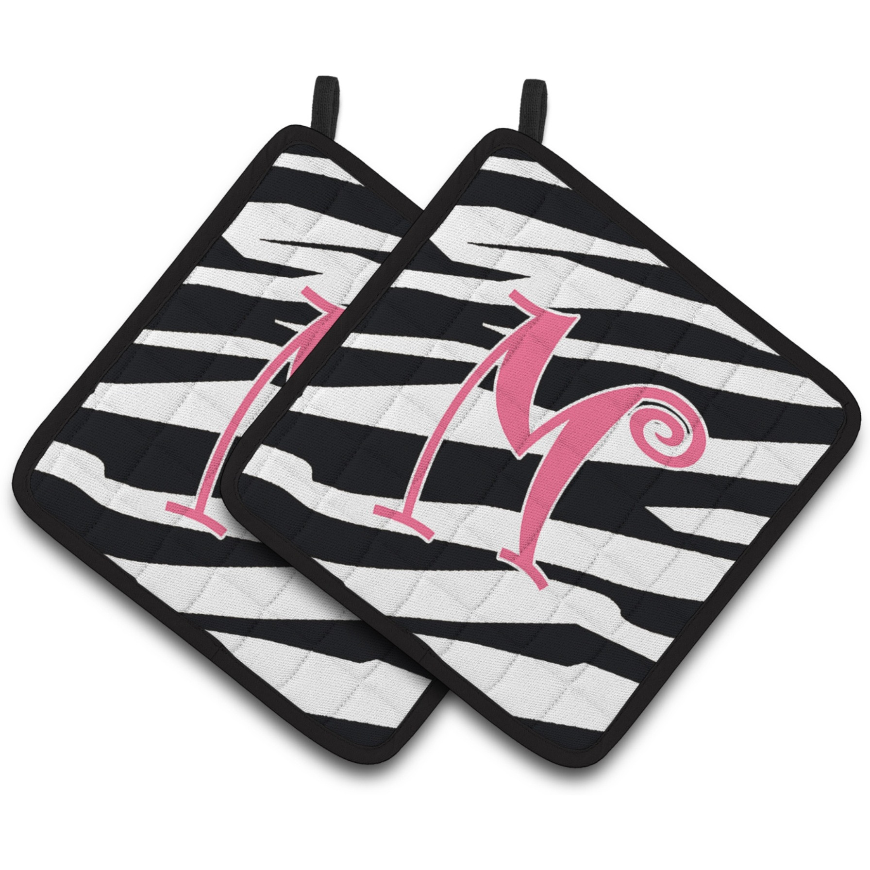 &quotCaroline's Treasures Monogram Initial M Zebra Stripe & Pink Pair of Pot Holders CJ1037-MPTHD, 7.5HX7.5W, Multicolor"