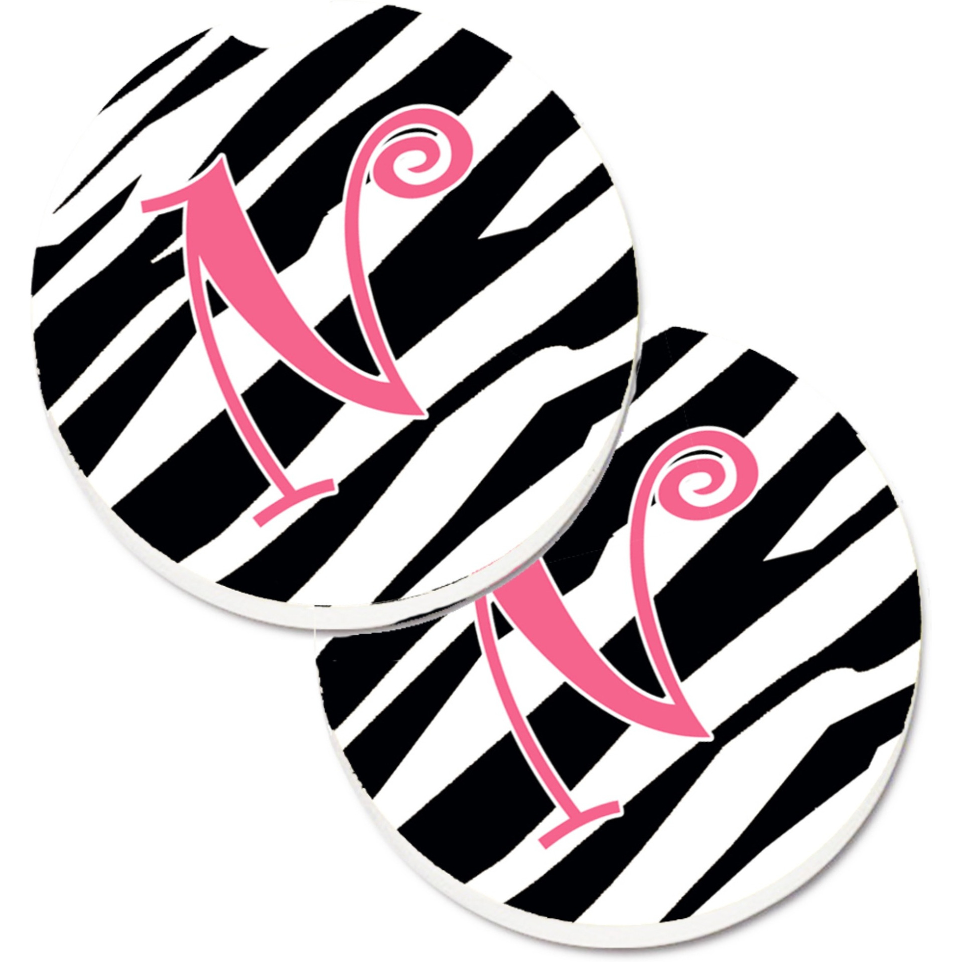 &quotCaroline's Treasures Monogram Initial N Zebra Stripe & Pink Set of 2 Cup Holder Car Coasters CJ1037-NCARC, 2.56, Multicolor"