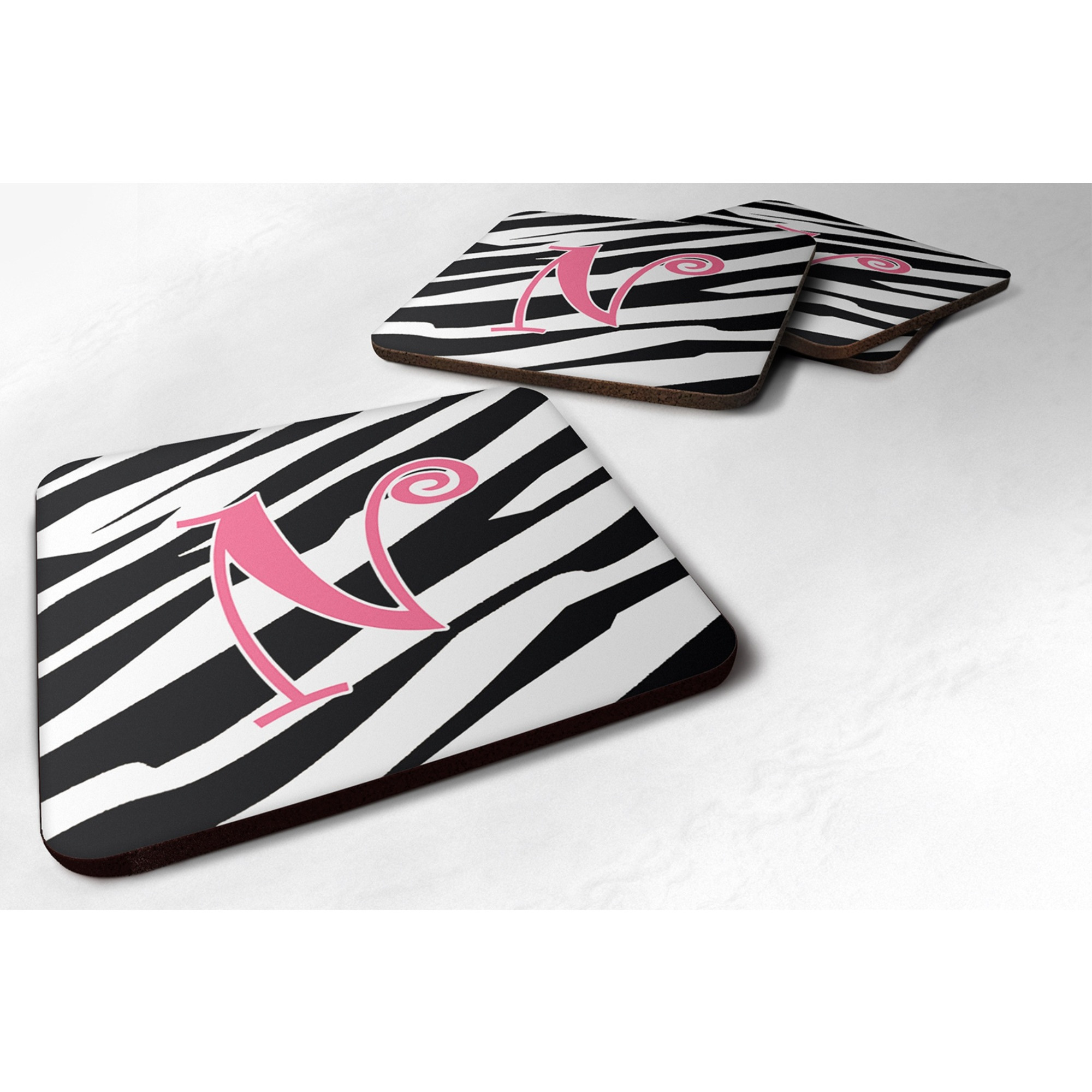 &quotCaroline's Treasures CJ1037-NFC Monogram-Zebra Stripe and Pink Foam Coasters (Set of 4), Initial Letter N, 3.5"" H x 3.5"" W, Multicolor"