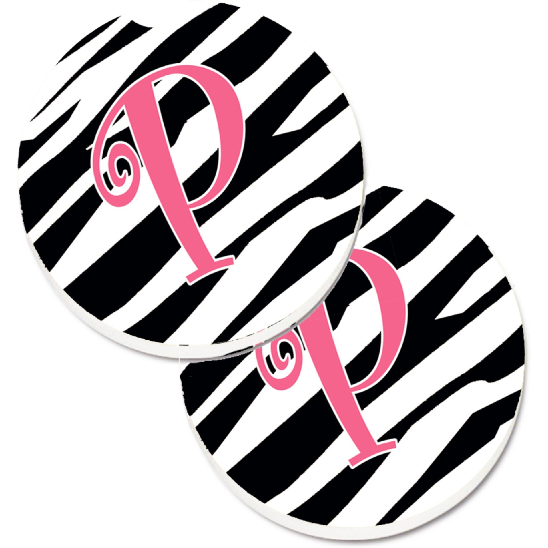 &quotCaroline's Treasures Monogram Initial P Zebra Stripe & Pink Set of 2 Cup Holder Car Coasters CJ1037-PCARC, 2.56, Multicolor"