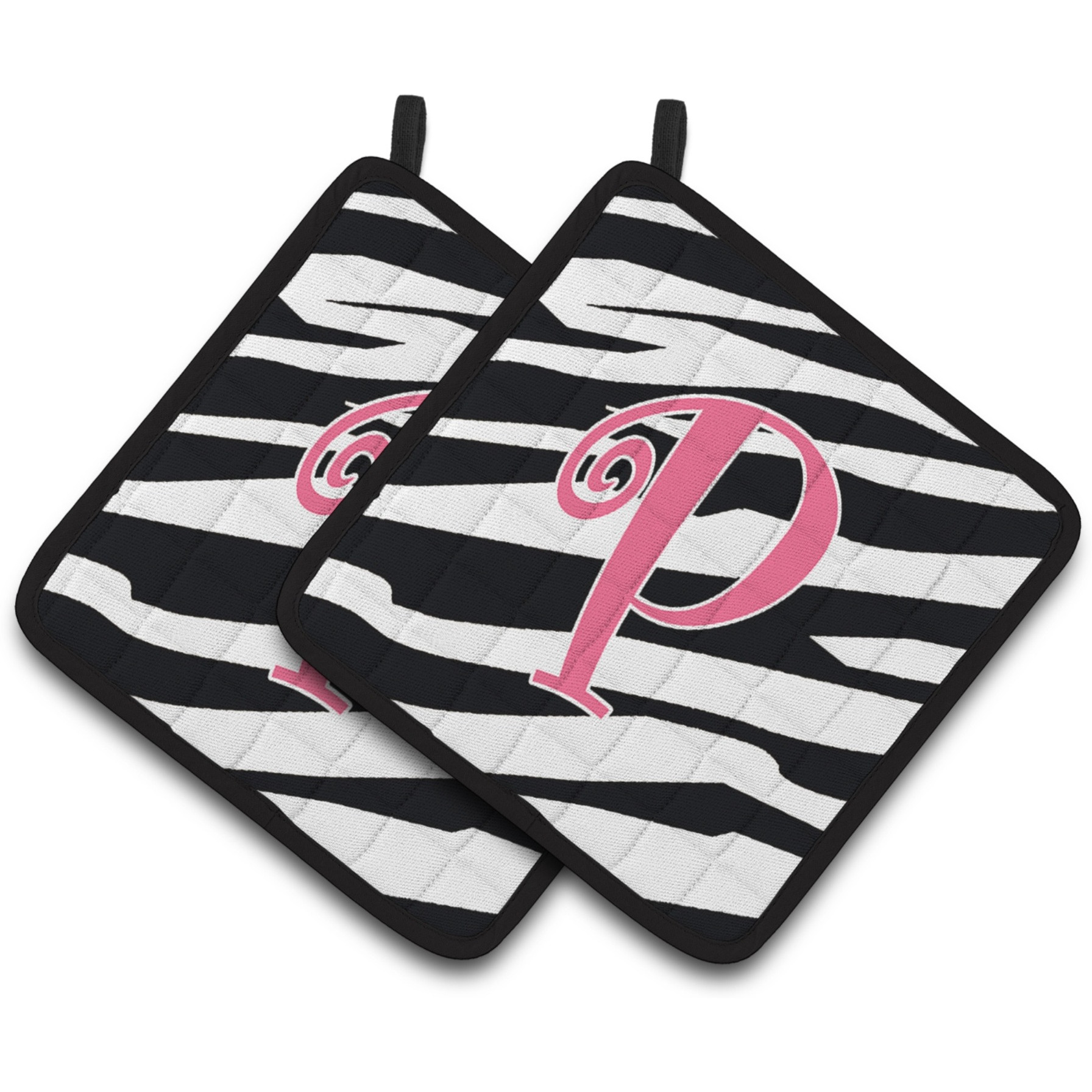 &quotCaroline's Treasures Monogram Initial P Zebra Stripe & Pink Pair of Pot Holders CJ1037-PPTHD, 7.5HX7.5W, Multicolor"