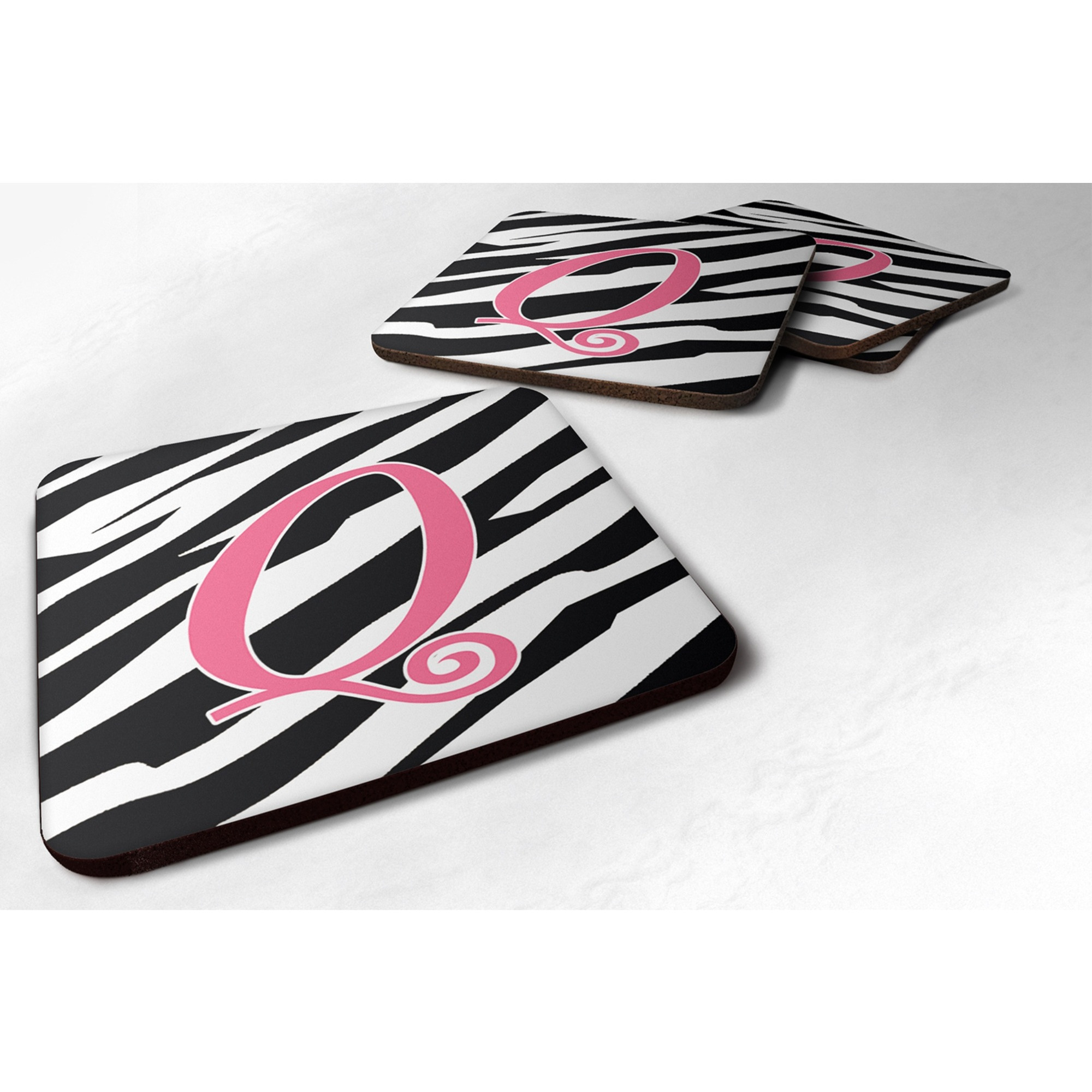 &quotCaroline's Treasures CJ1037-QFC Monogram-Zebra Stripe and Pink Foam Coasters (Set of 4), Initial Letter Q, 3.5"" H x 3.5"" W, Multicolor"