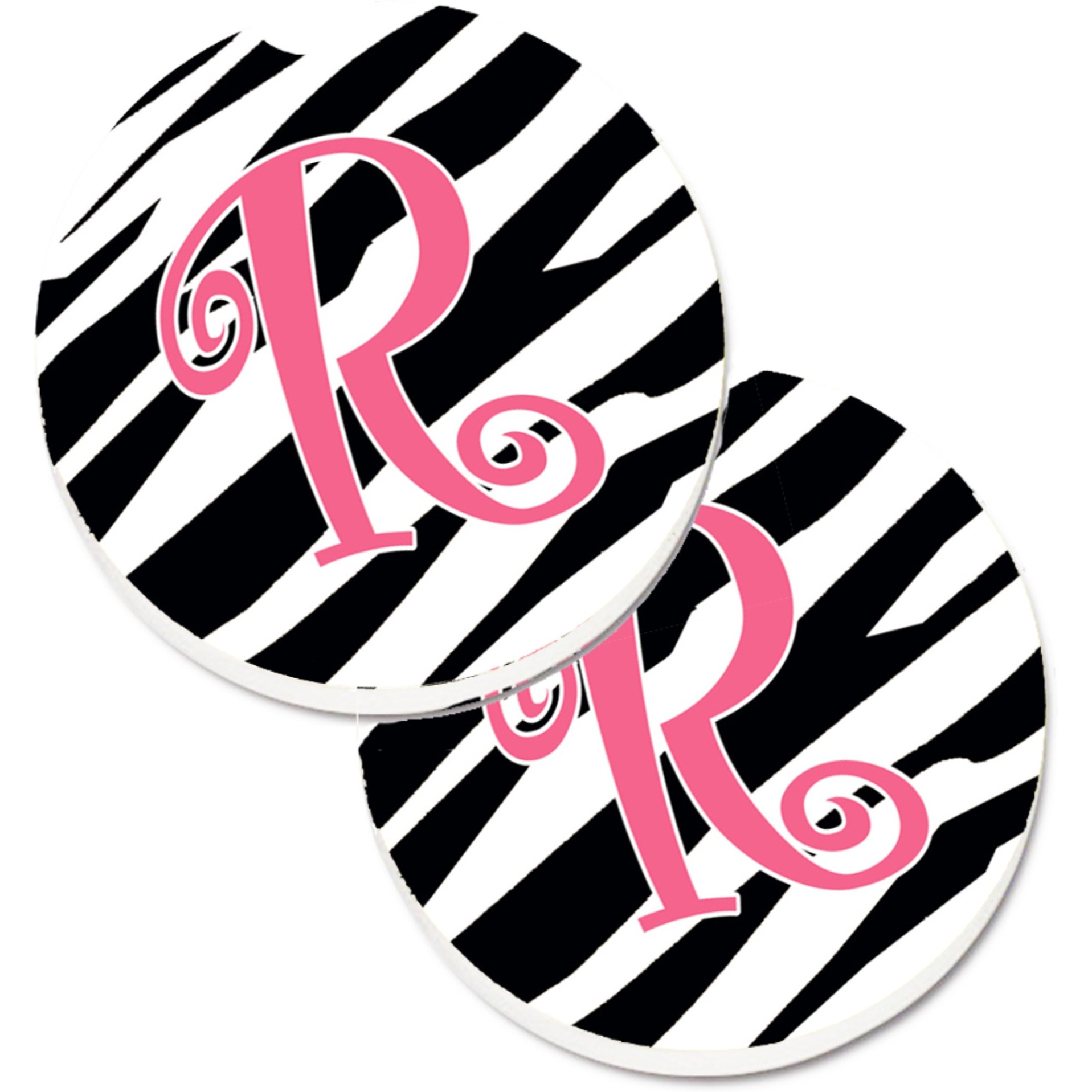 &quotCaroline's Treasures Monogram Initial R Zebra Stripe & Pink Set of 2 Cup Holder Car Coasters CJ1037-RCARC, 2.56, Multicolor"