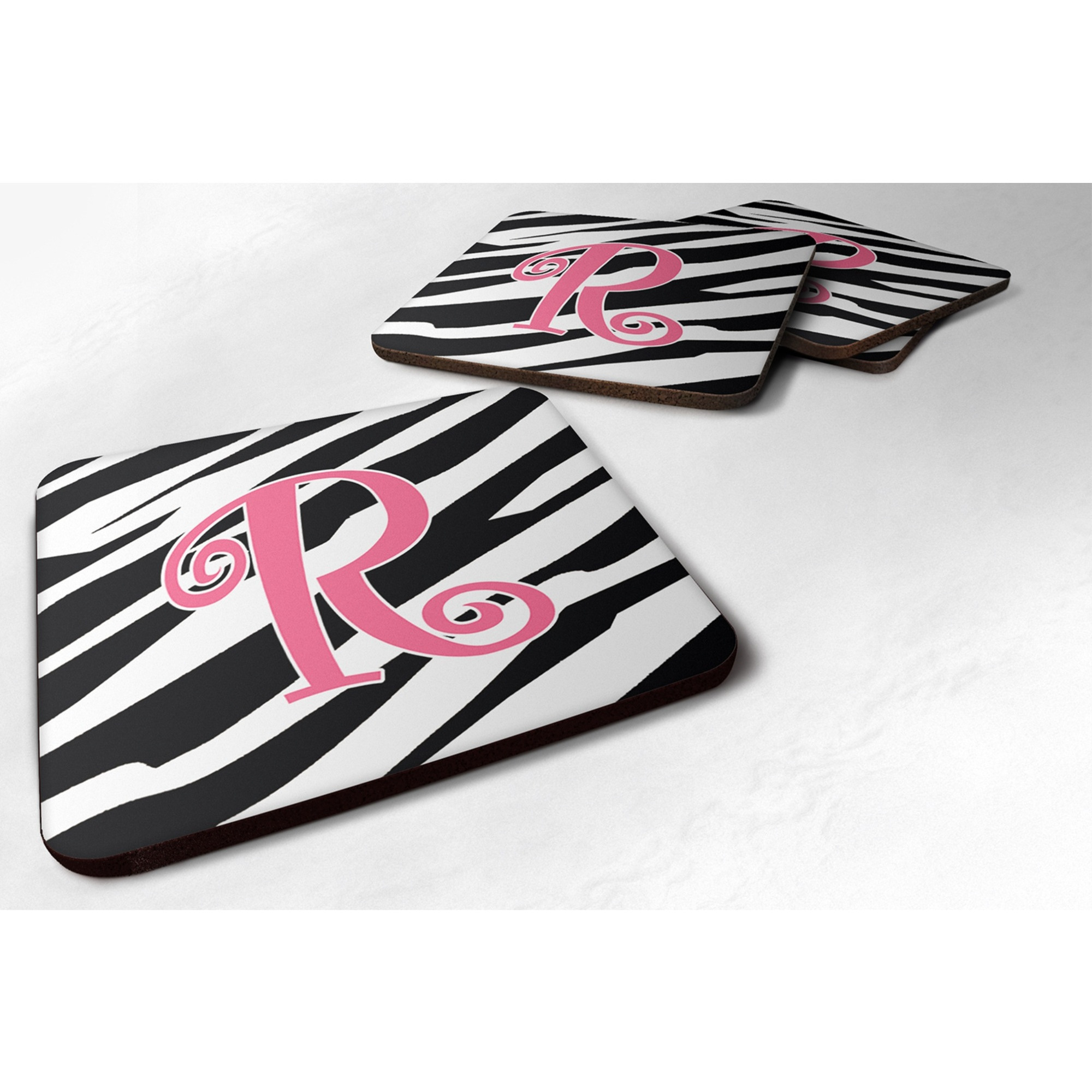 &quotCaroline's Treasures CJ1037-RFC Monogram-Zebra Stripe and Pink Foam Coasters (Set of 4), Initial Letter R, 3.5"" H x 3.5"" W, Multicolor"