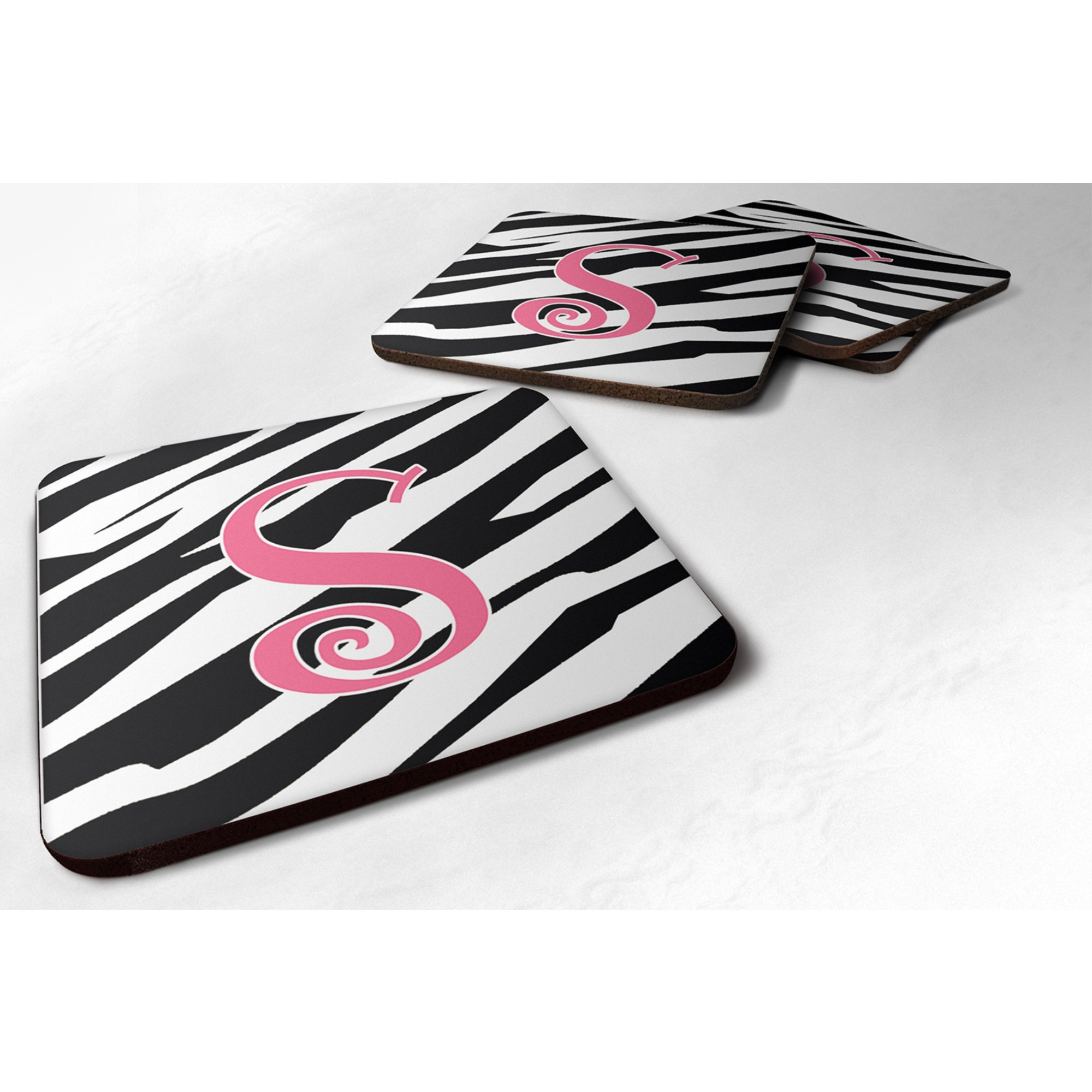 &quotCaroline's Treasures CJ1037-SFC Monogram-Zebra Stripe and Pink Foam Coasters (Set of 4), Initial Letter S, 3.5"" H x 3.5"" W, Multicolor"