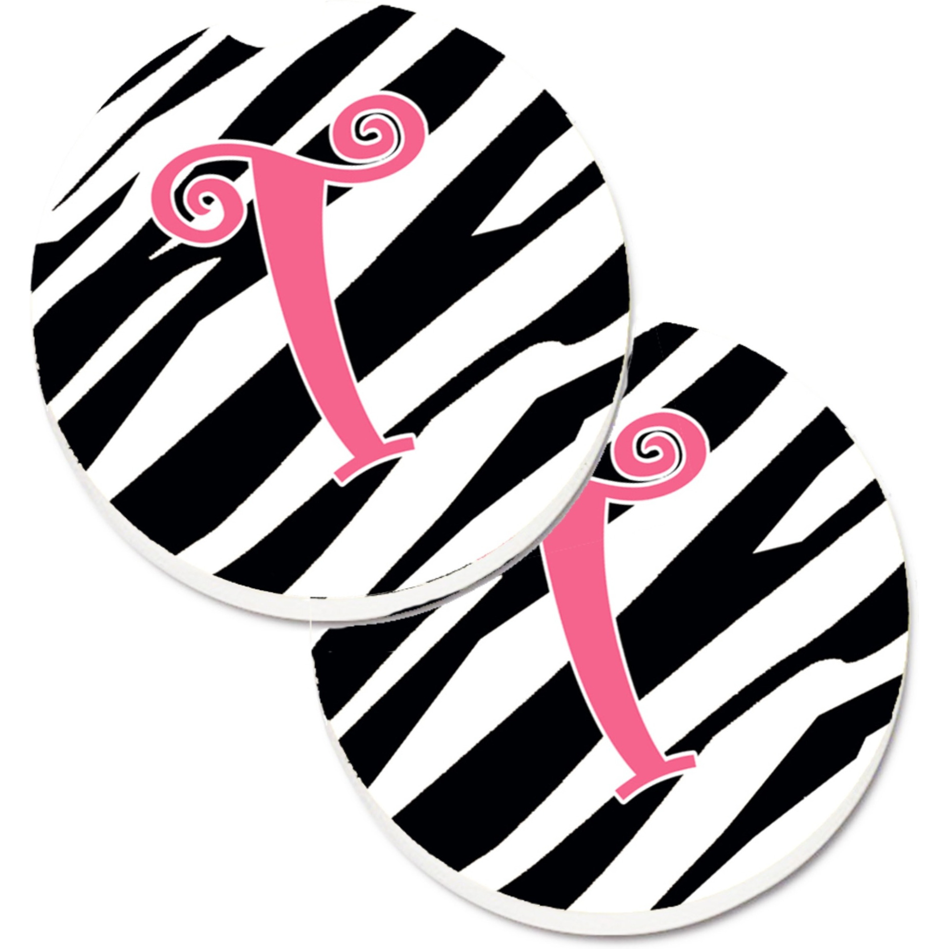 &quotCaroline's Treasures Monogram Initial T Zebra Stripe & Pink Set of 2 Cup Holder Car Coasters CJ1037-TCARC, 2.56, Multicolor"