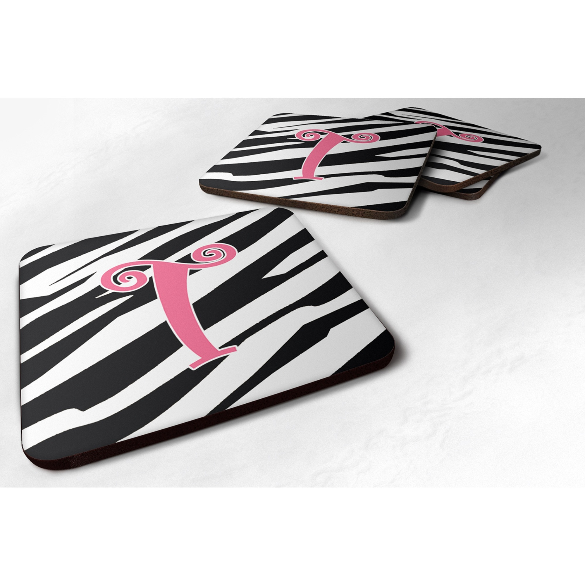 &quotCaroline's Treasures CJ1037-TFC Monogram-Zebra Stripe and Pink Foam Coasters (Set of 4), Initial Letter T, 3.5"" H x 3.5"" W, Multicolor"
