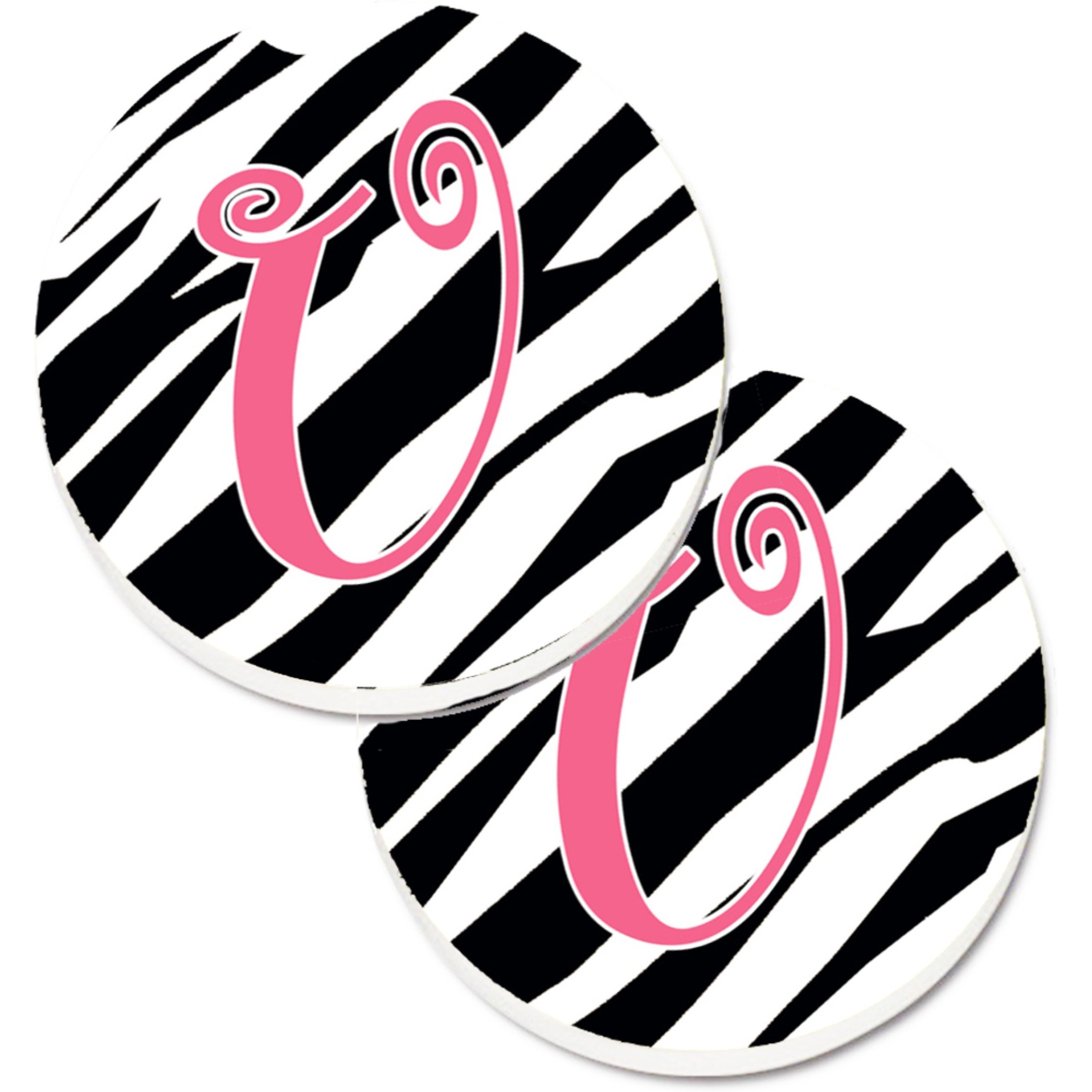&quotCaroline's Treasures Monogram Initial U Zebra Stripe & Pink Set of 2 Cup Holder Car Coasters CJ1037-UCARC, 2.56, Multicolor"