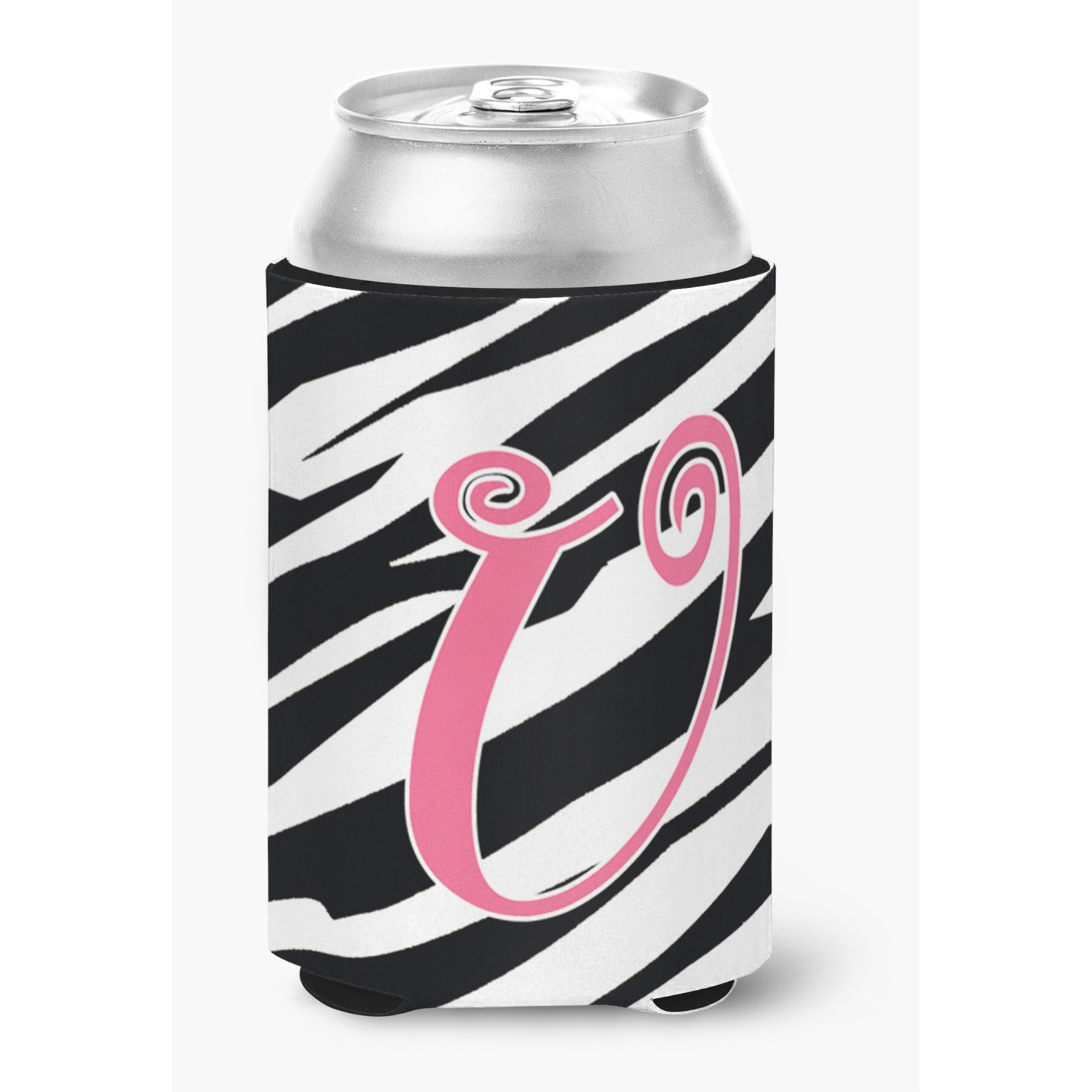 Letter U Initial Monogram - Zebra Stripe and Pink Can or Bottle Beverage Insulator Hugger