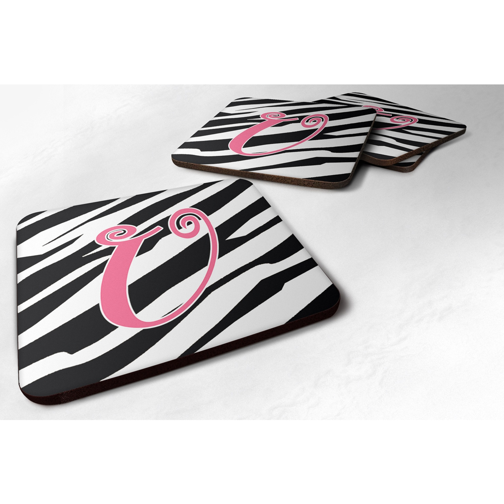&quotCaroline's Treasures CJ1037-UFC Monogram-Zebra Stripe and Pink Foam Coasters (Set of 4), Initial Letter U, 3.5"" H x 3.5"" W, Multicolor"