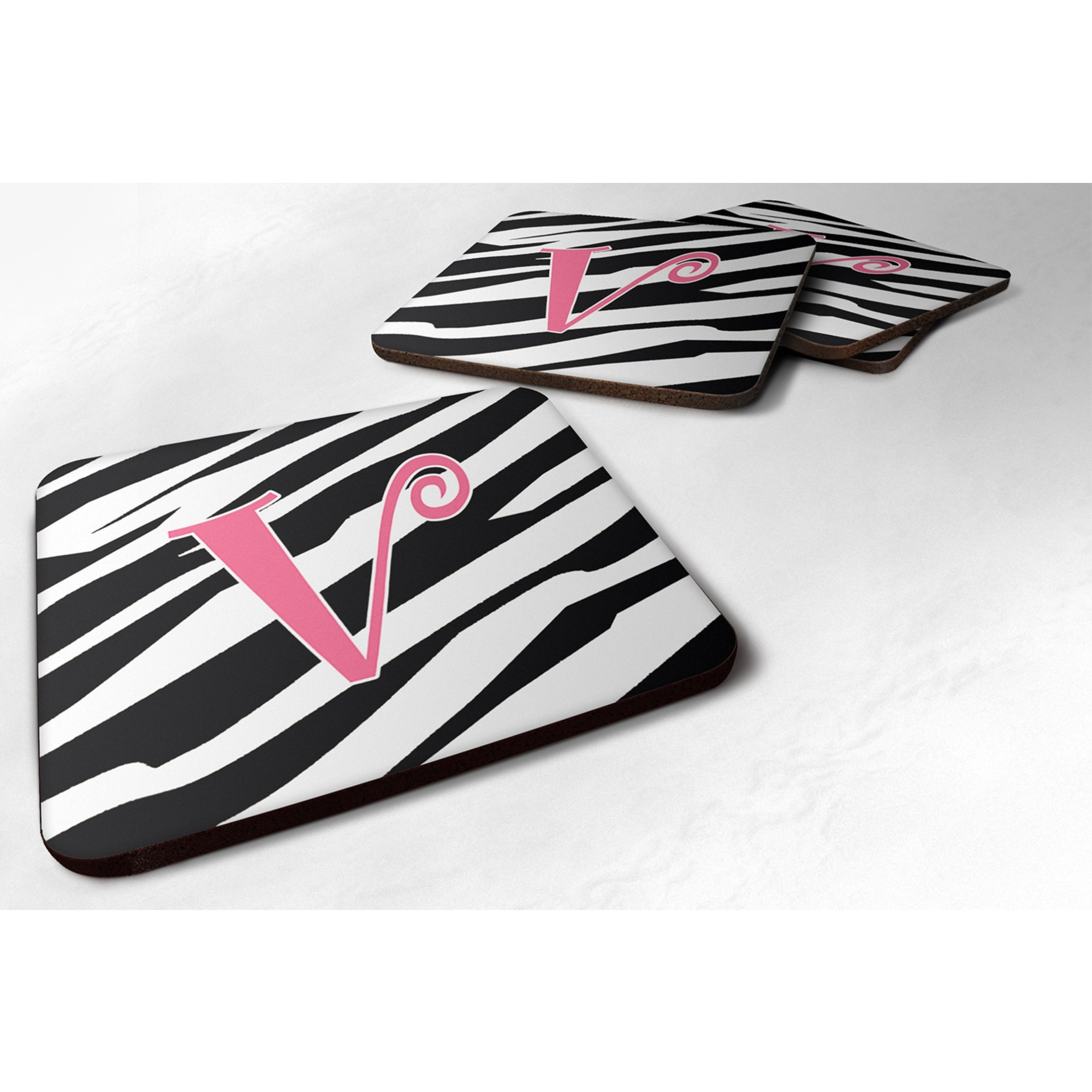 &quotCaroline's Treasures CJ1037-VFC Monogram-Zebra Stripe and Pink Foam Coasters (Set of 4), Initial Letter V, 3.5"" H x 3.5"" W, Multicolor"