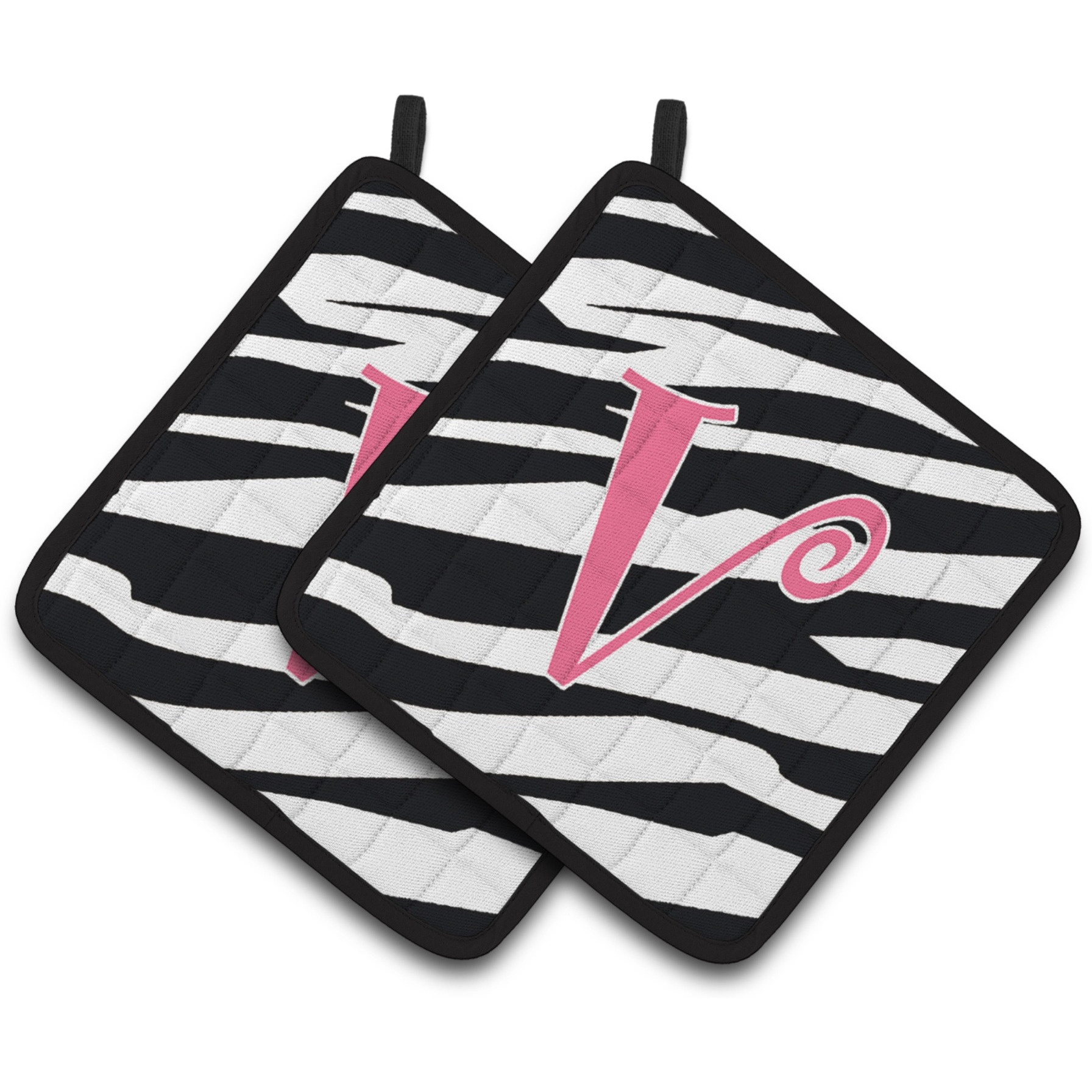 &quotCaroline's Treasures Monogram Initial V Zebra Stripe & Pink Pair of Pot Holders CJ1037-VPTHD, 7.5HX7.5W, Multicolor"