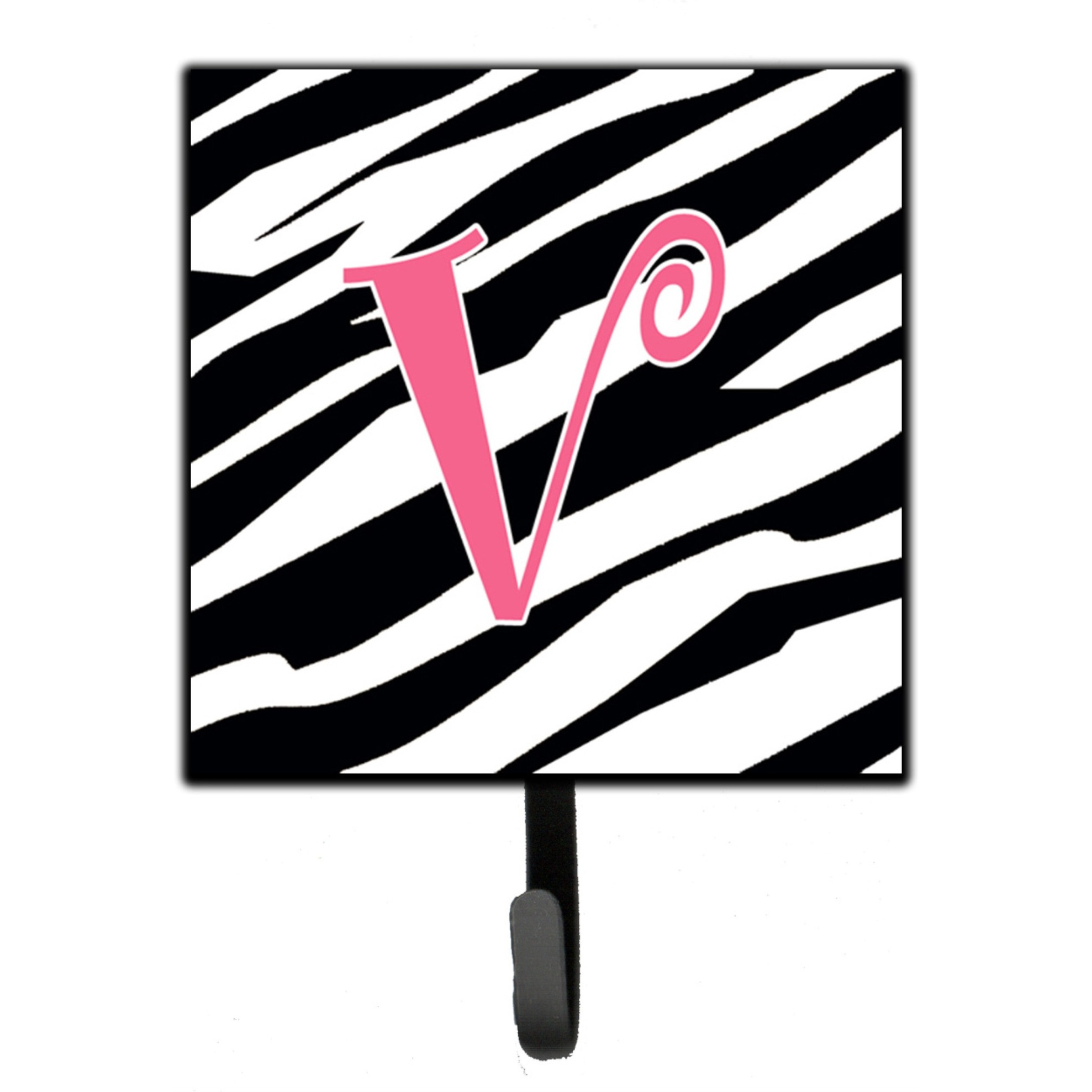 &quotCaroline's Treasures CJ1037-VSH4 Letter V Initial Monogram-Zebra Stripe and Pink Leash Holder or Key Hook, Small, Multicolor"