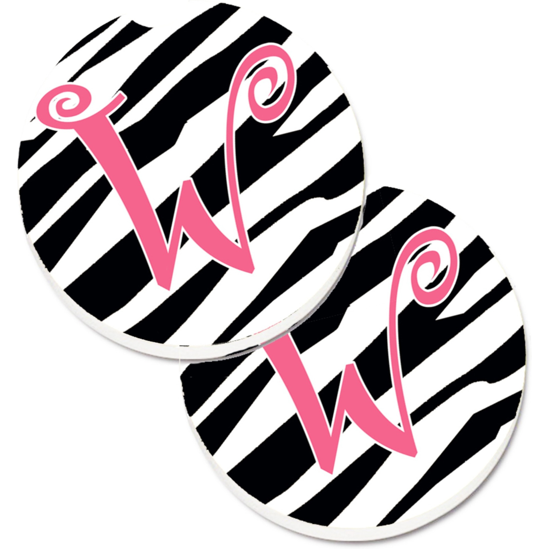 &quotCaroline's Treasures Monogram Initial W Zebra Stripe & Pink Set of 2 Cup Holder Car Coasters CJ1037-WCARC, 2.56, Multicolor"