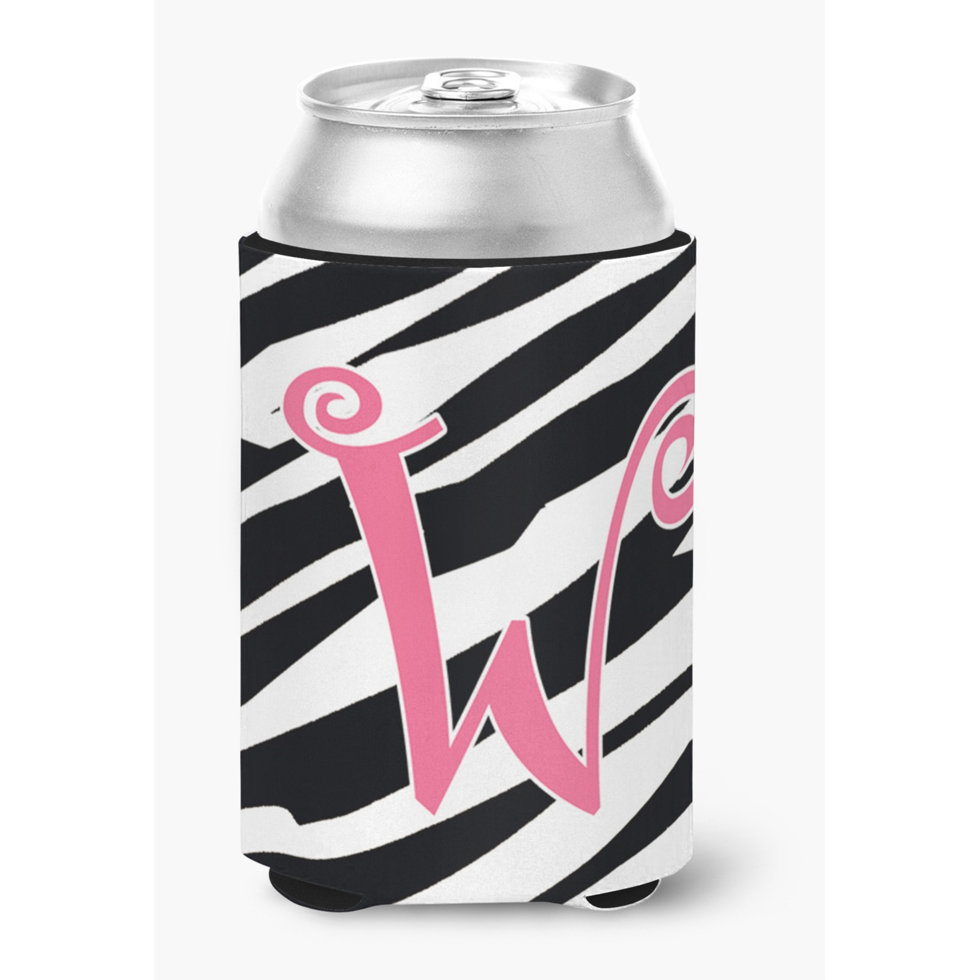 Letter W Initial Monogram - Zebra Stripe and Pink Can or Bottle Beverage Insulator Hugger