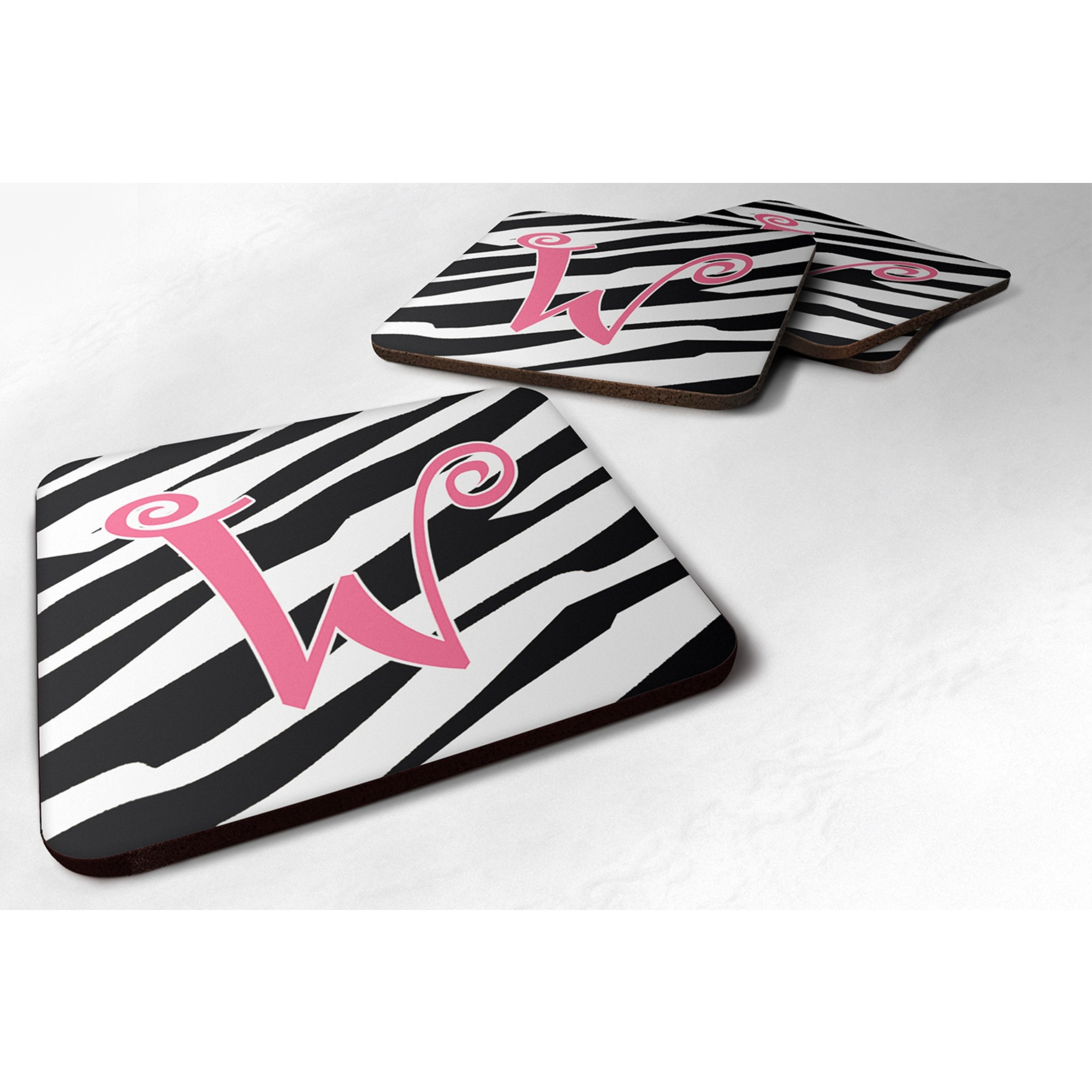 &quotCaroline's Treasures CJ1037-WFC Monogram-Zebra Stripe and Pink Foam Coasters (Set of 4), Initial Letter W, 3.5"" H x 3.5"" W, Multicolor"