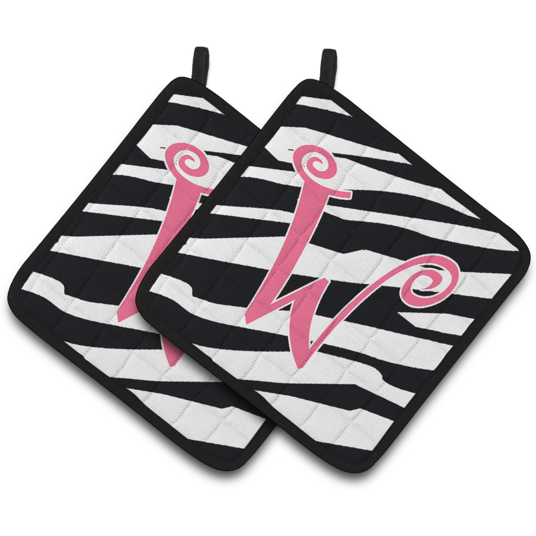 &quotCaroline's Treasures Monogram Initial W Zebra Stripe & Pink Pair of Pot Holders CJ1037-WPTHD, 7.5HX7.5W, Multicolor"