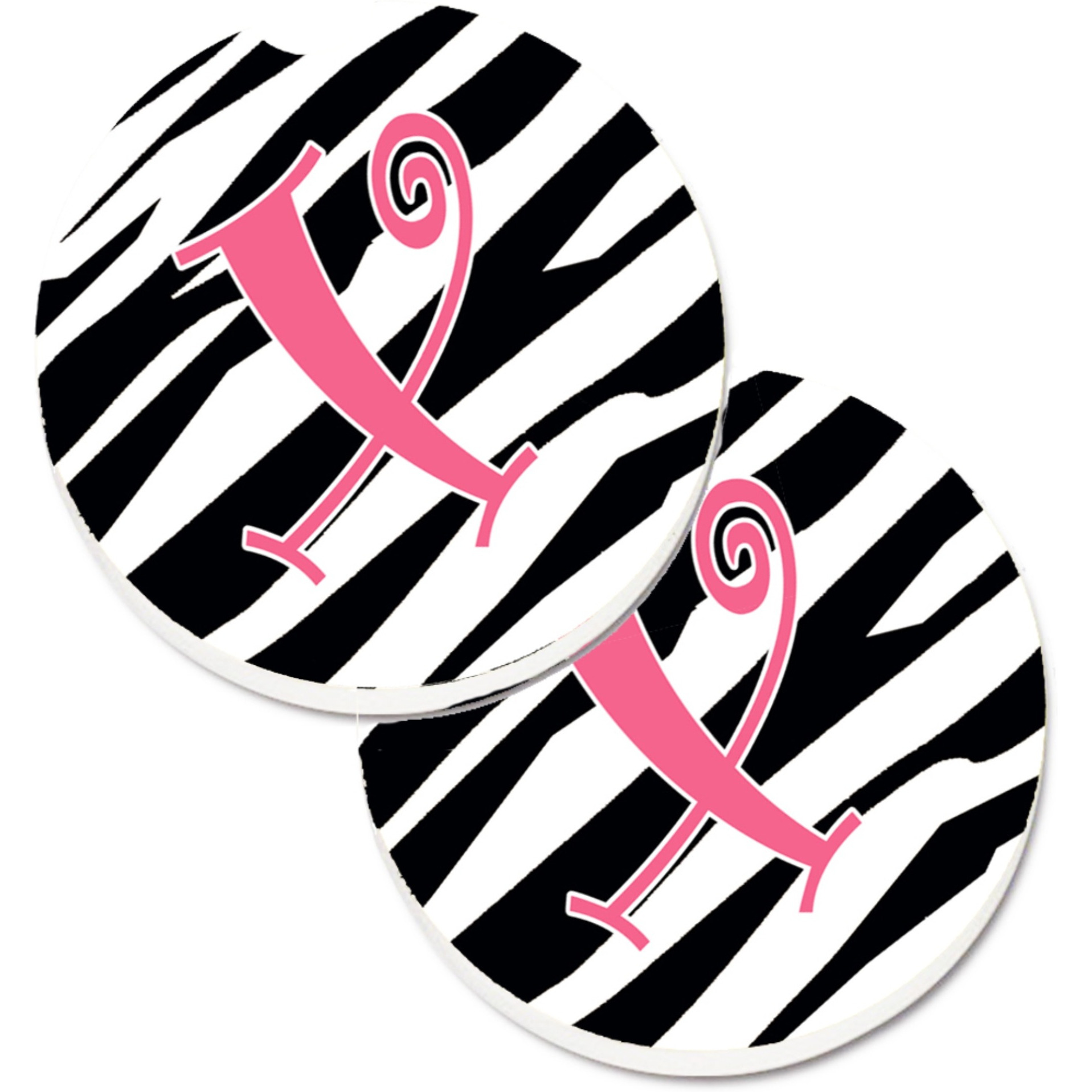 &quotCaroline's Treasures Monogram Initial x Zebra Stripe & Pink Set of 2 Cup Holder Car Coasters CJ1037-XCARC, 2.56, Multicolor"