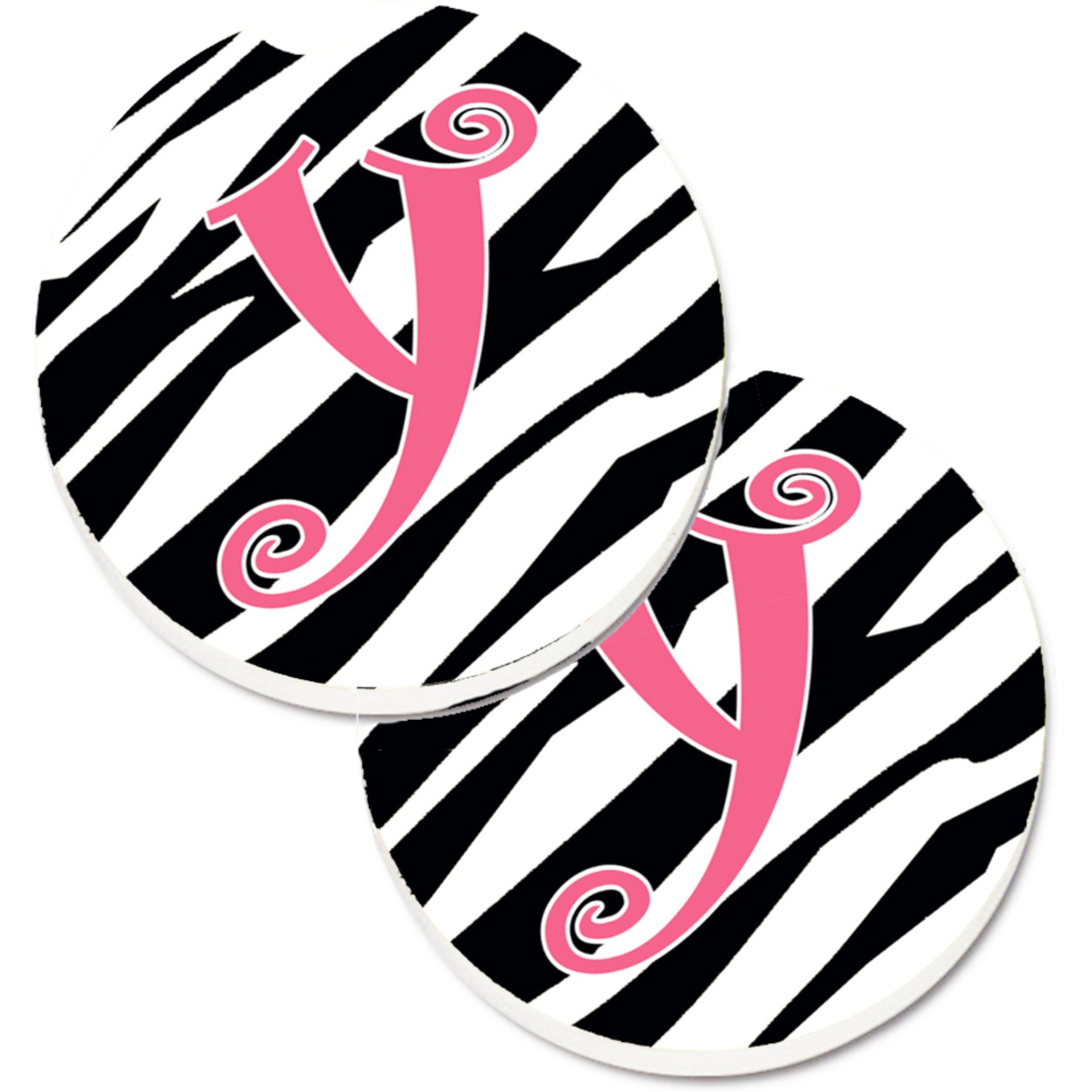 &quotCaroline's Treasures Monogram Initial Y Zebra Stripe & Pink Set of 2 Cup Holder Car Coasters CJ1037-YCARC, 2.56, Multicolor"