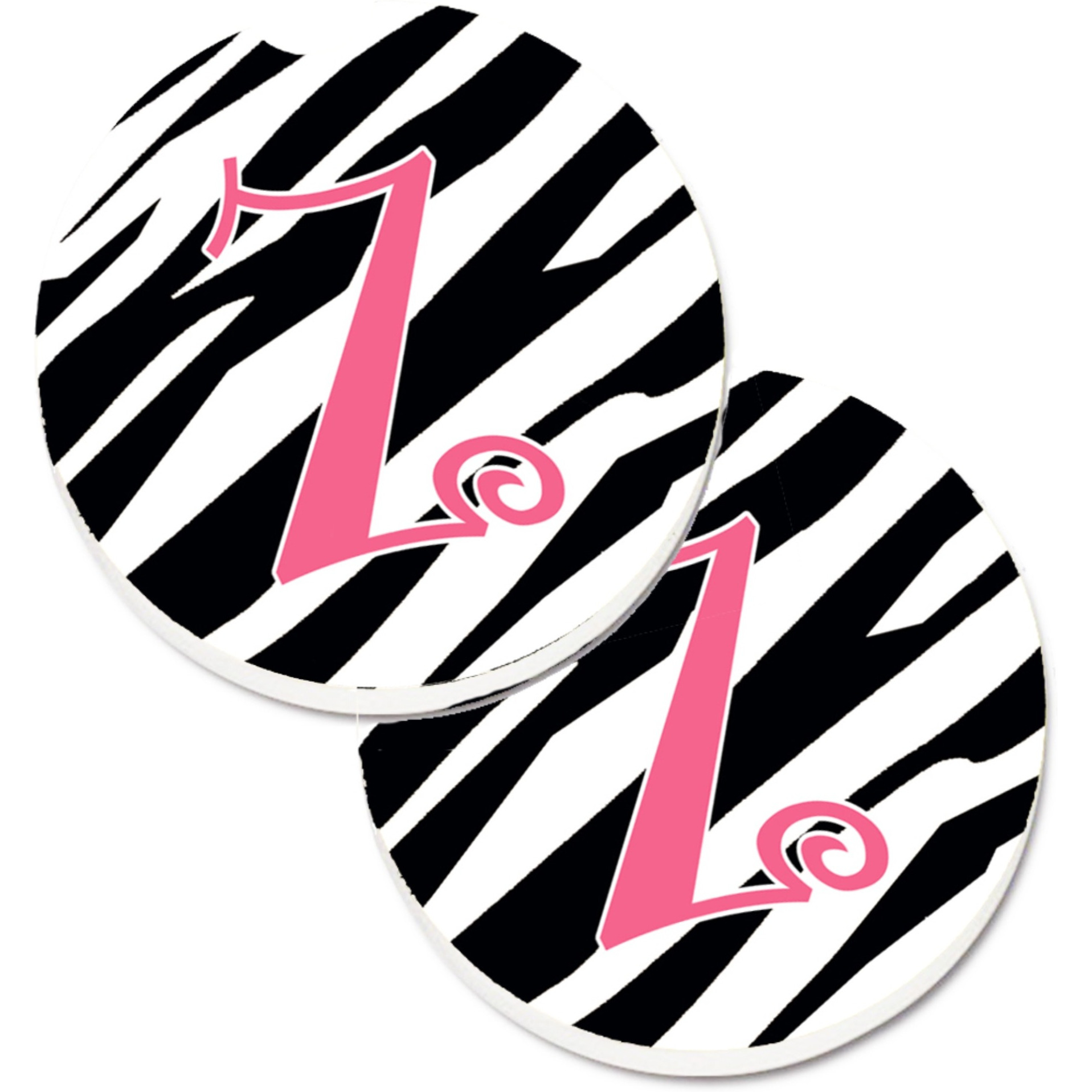 &quotCaroline's Treasures Monogram Initial Z Zebra Stripe & Pink Set of 2 Cup Holder Car Coasters CJ1037-ZCARC, 2.56, Multicolor"