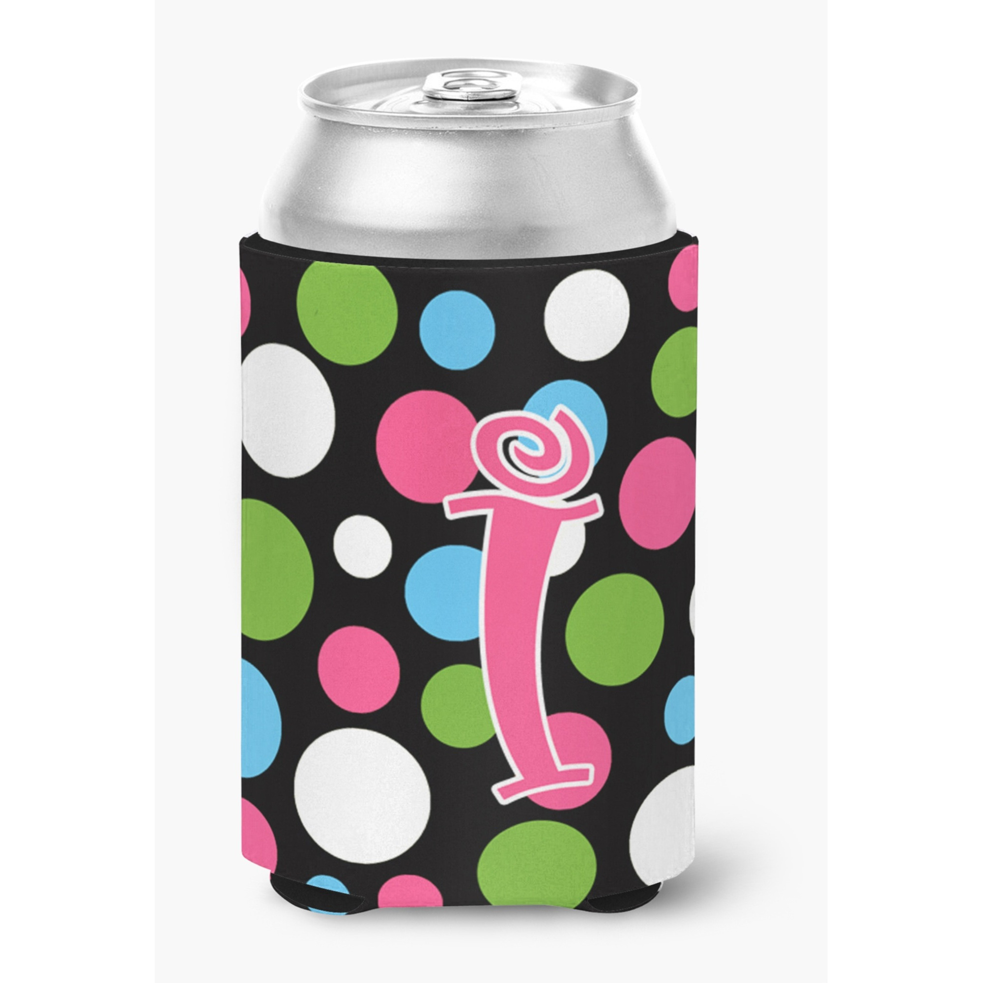Letter I Initial Monogram - Polkadots and Pink Can or Bottle Beverage Insulator Hugger