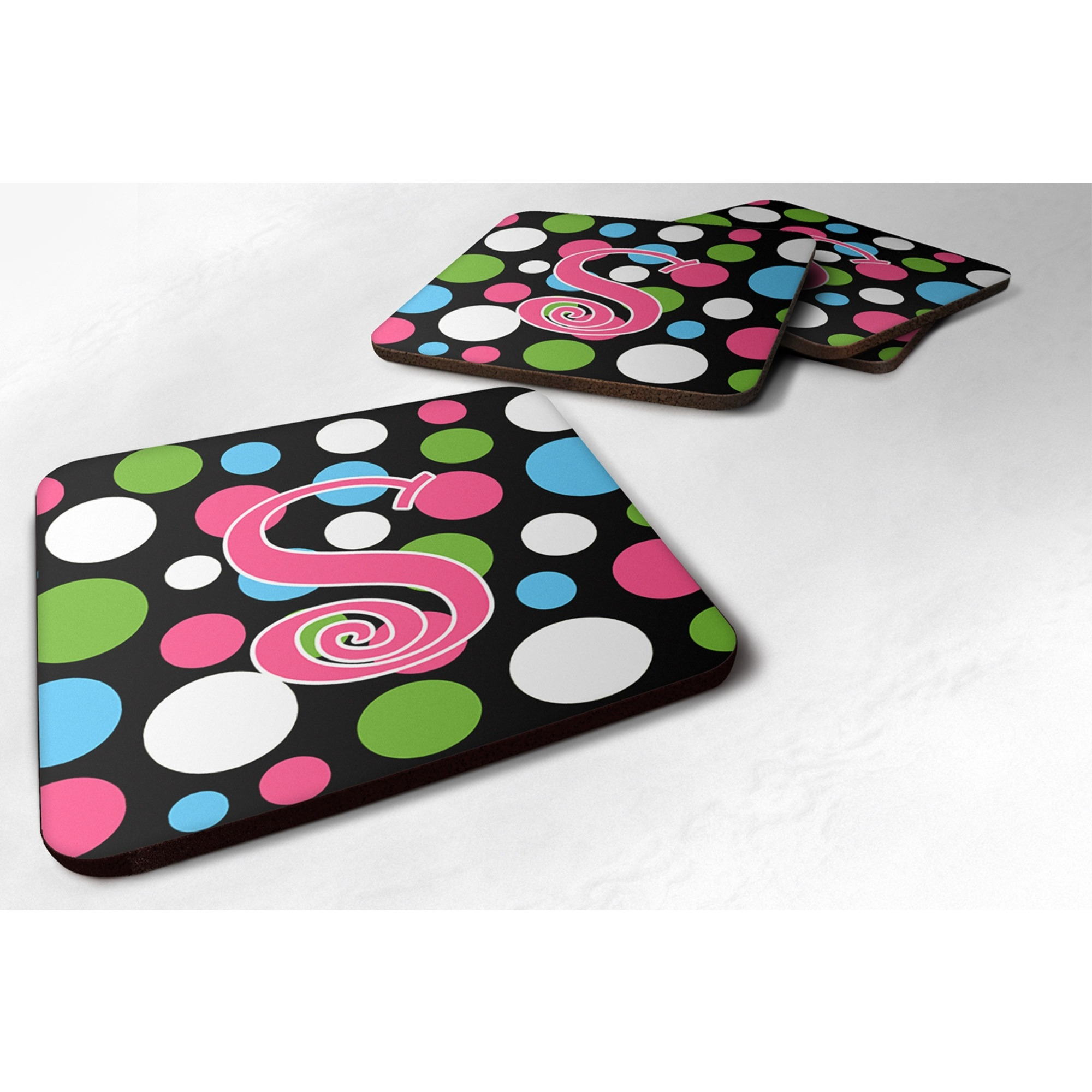 &quotCaroline's Treasures CJ1038-SFC Monogram-Polkadots and Pink Foam Coasters (Set of 4), Initial Letter S, 3.5"" H x 3.5"" W, Multicolor"